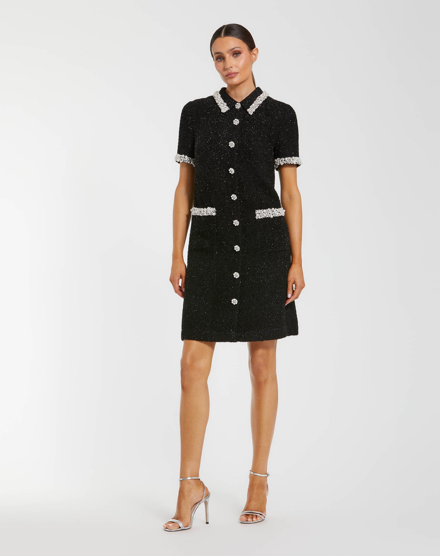 Black Pearl Trim Boucle Mini Dress Mac Duggal