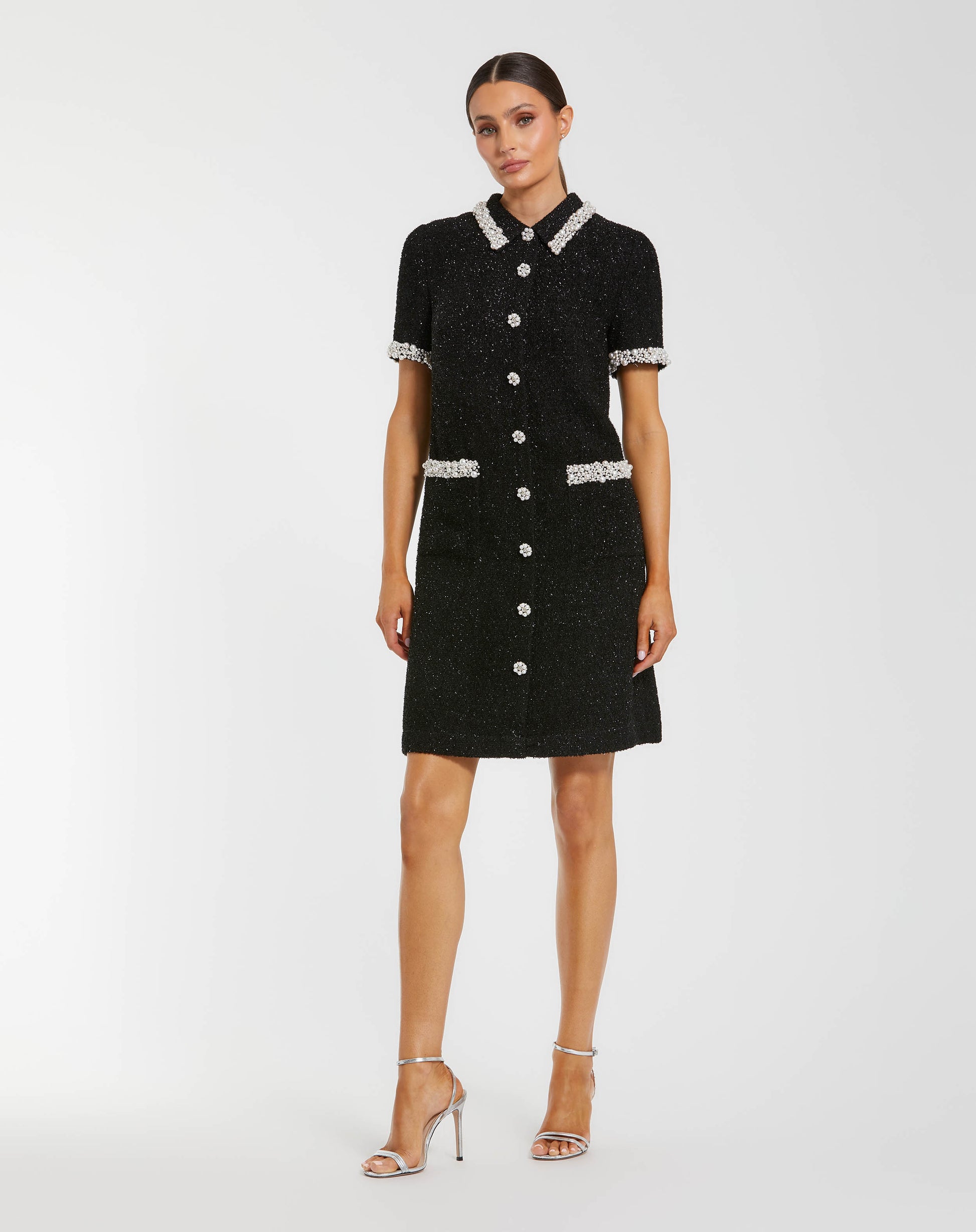 Black Pearl Trim Boucle Mini Dress Mac Duggal