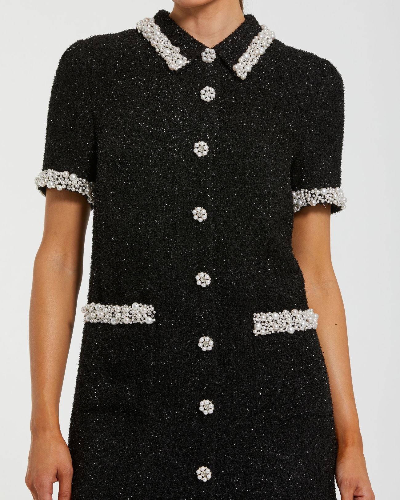 Black Pearl Trim Boucle Mini Dress Mac Duggal