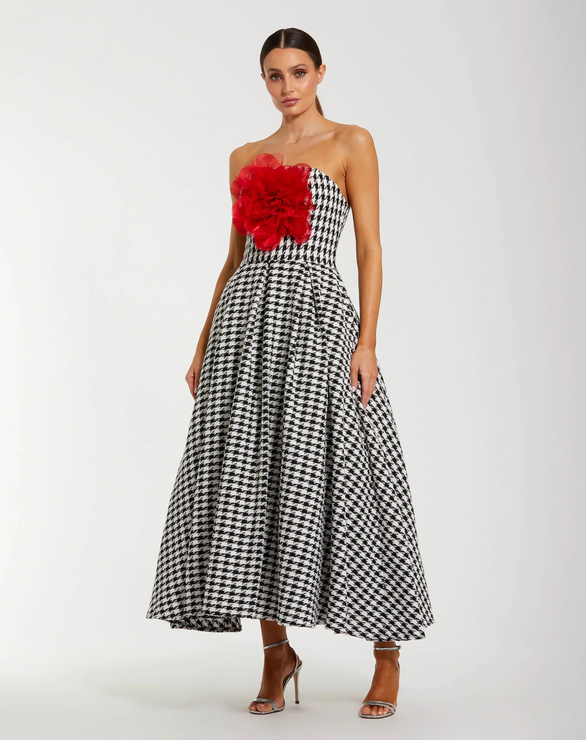 Black and White Strapless Boucle A Line Midi Dress With 3D Flower | Mac Duggal Black and White Strapless Boucle A Line Midi Dress With 3D Flower | Mac Duggal