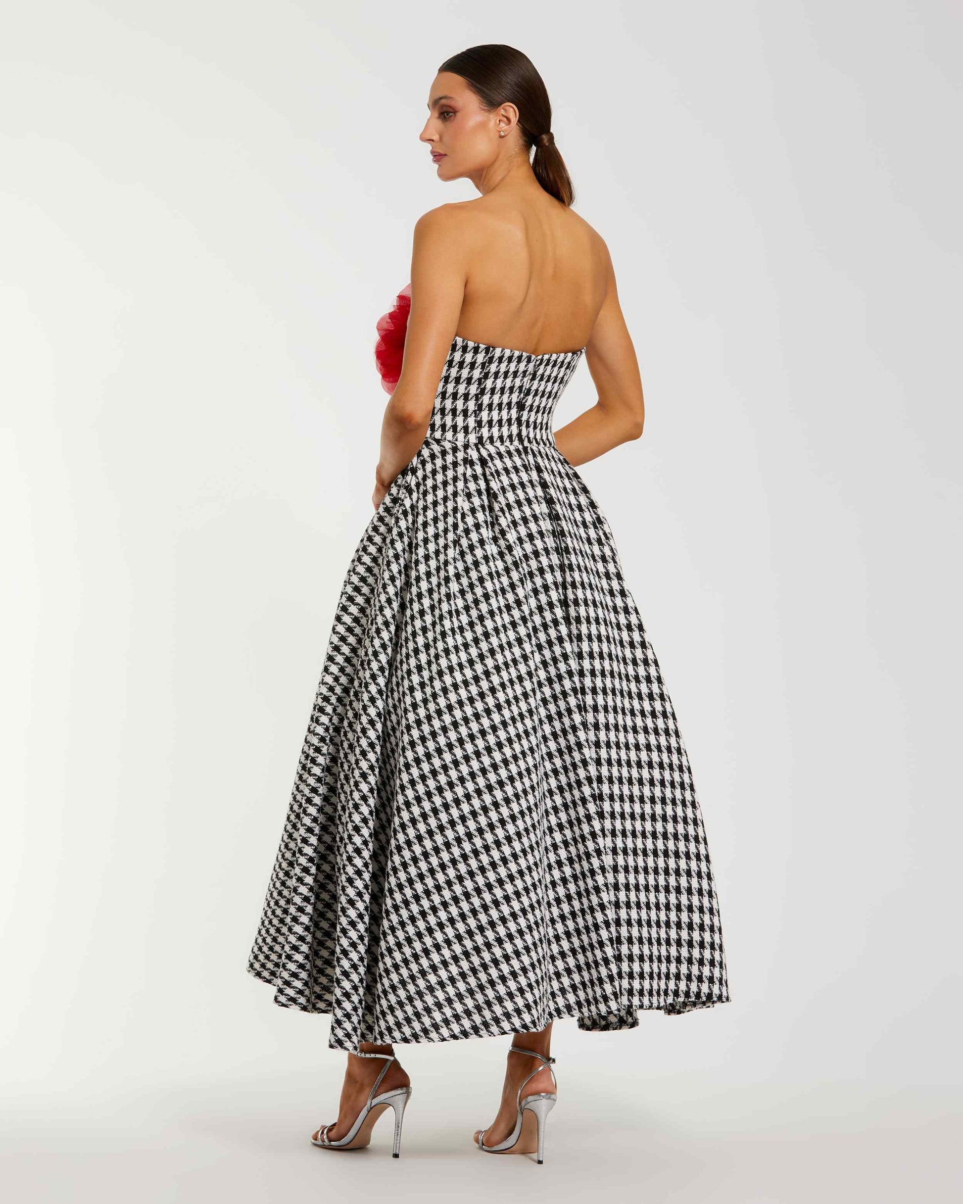 Black and White Strapless Boucle A Line Midi Dress With 3D Flower | Mac Duggal Black and White Strapless Boucle A Line Midi Dress With 3D Flower | Mac Duggal
