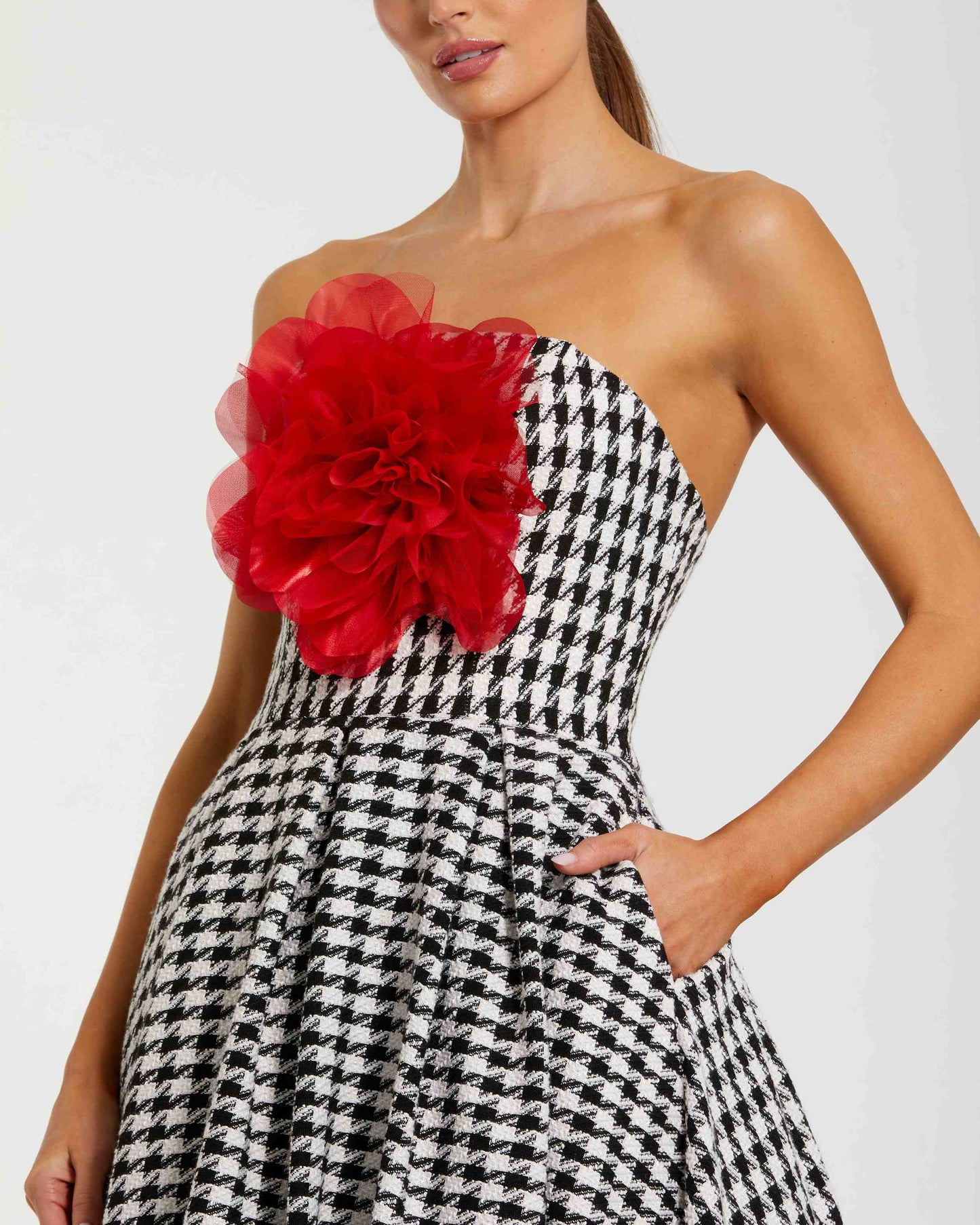 Black and White Strapless Boucle A Line Midi Dress With 3D Flower - Ieena for Mac Duggal