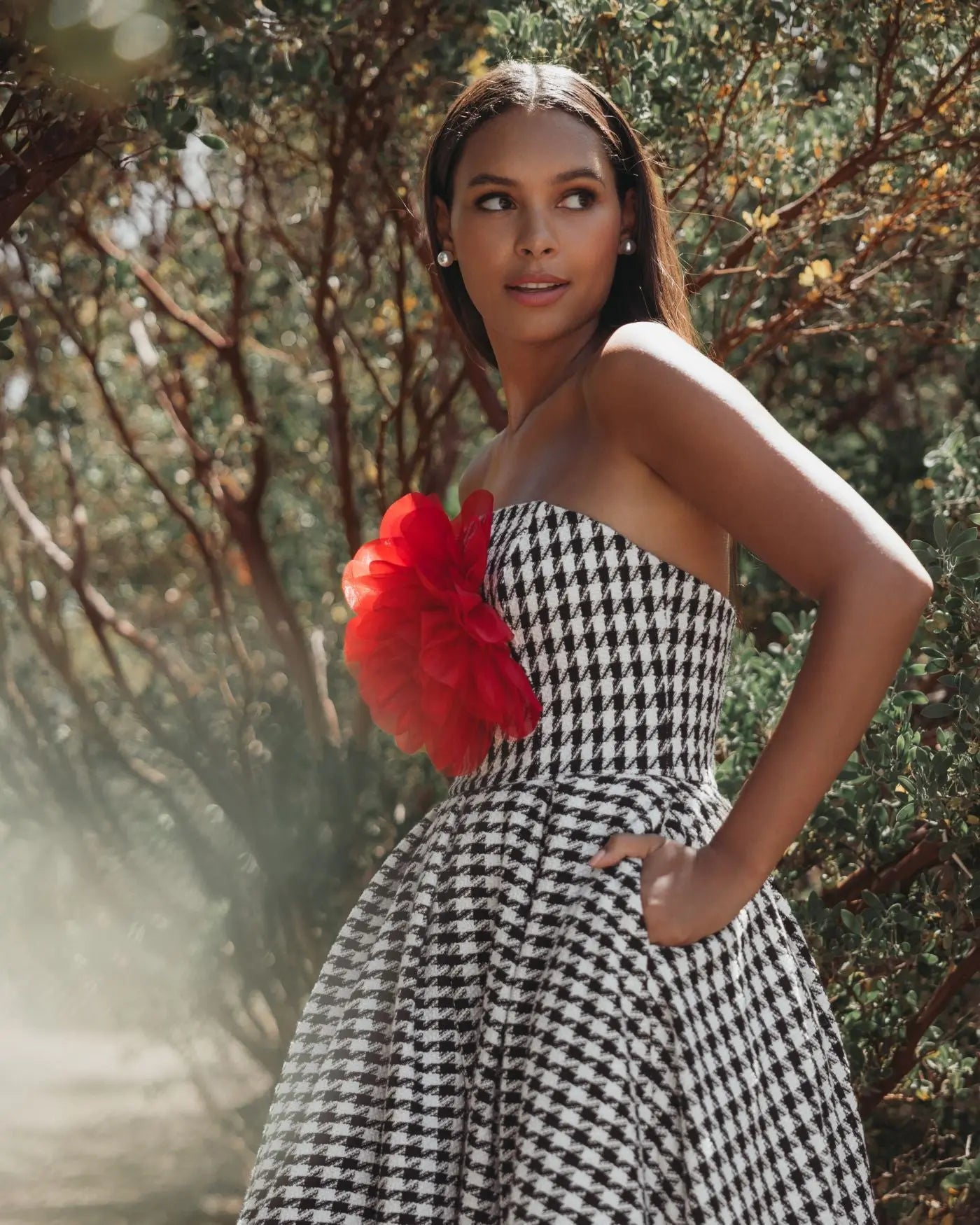 Black and White Strapless Boucle A Line Midi Dress With 3D Flower | Mac Duggal Black and White Strapless Boucle A Line Midi Dress With 3D Flower | Mac Duggal