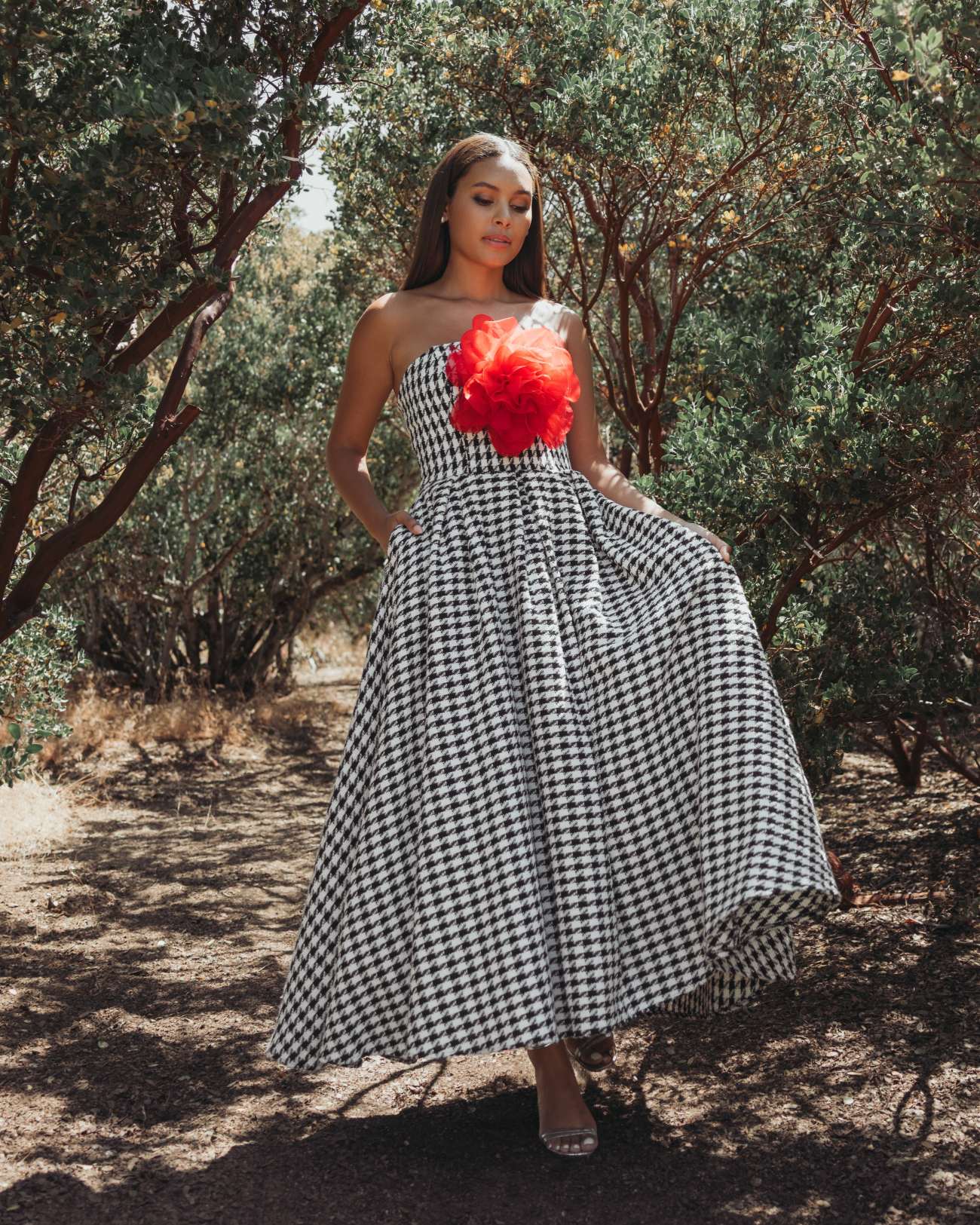 Black and White Strapless Boucle A Line Midi Dress With 3D Flower - Ieena for Mac Duggal