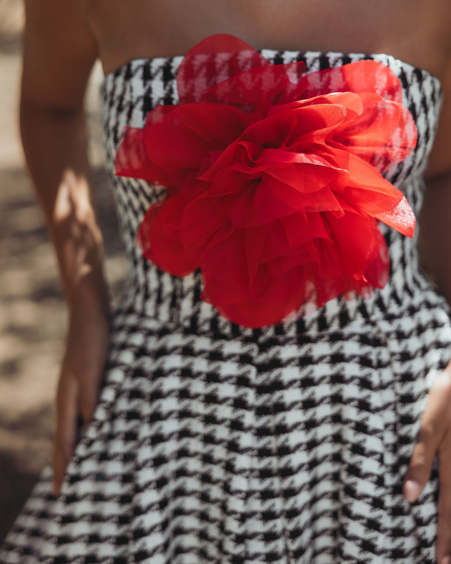 Black and White Strapless Boucle A Line Midi Dress With 3D Flower - Ieena for Mac Duggal