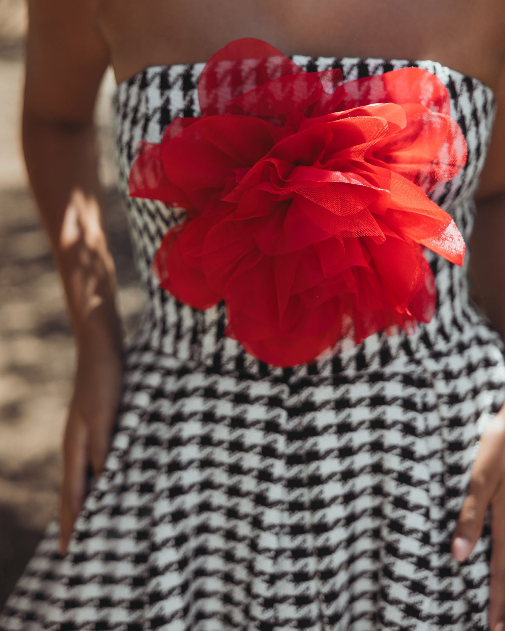 Black and White Strapless Boucle A Line Midi Dress With 3D Flower - Ieena for Mac Duggal