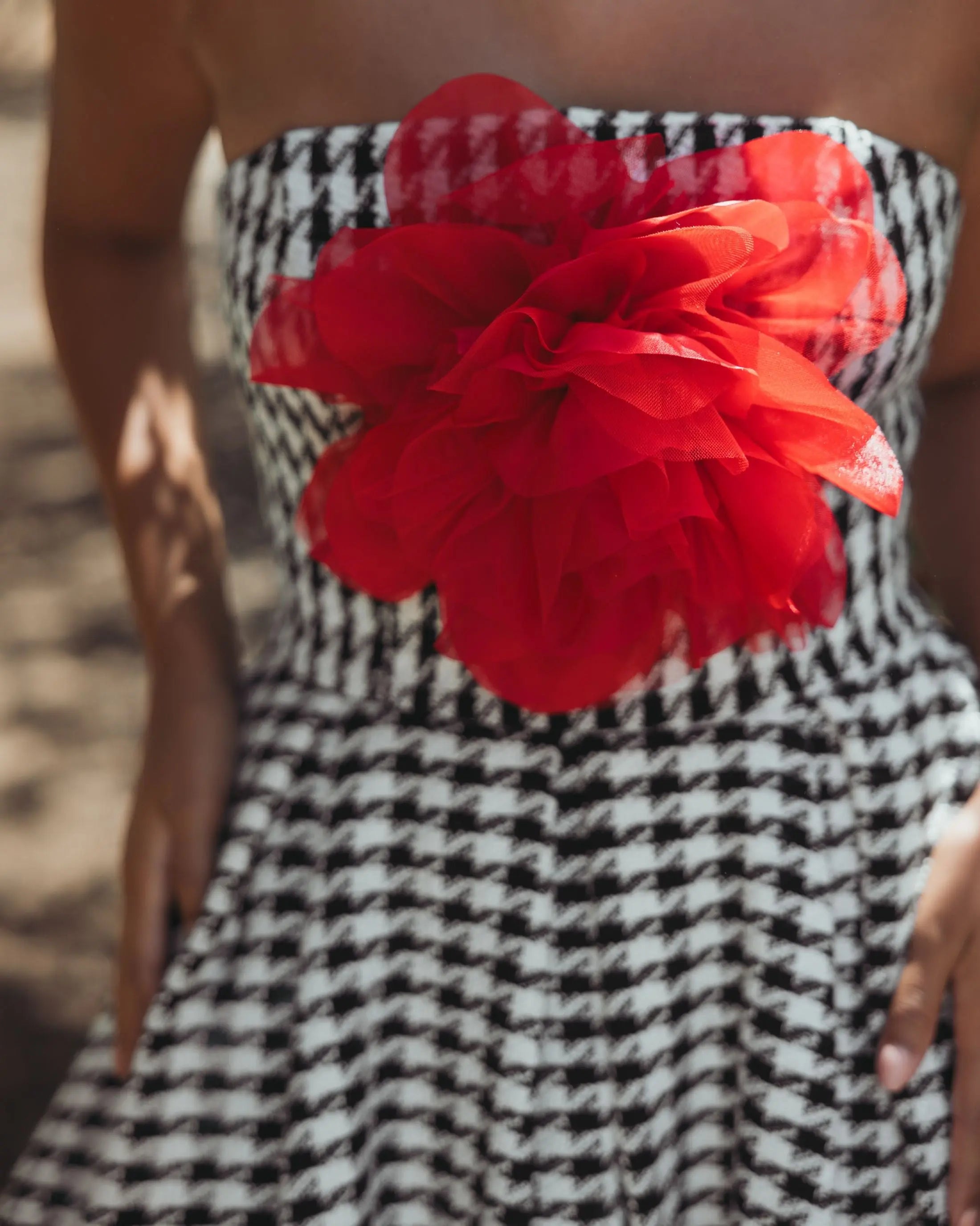 Black and White Strapless Boucle A Line Midi Dress With 3D Flower Ieena for Mac Duggal