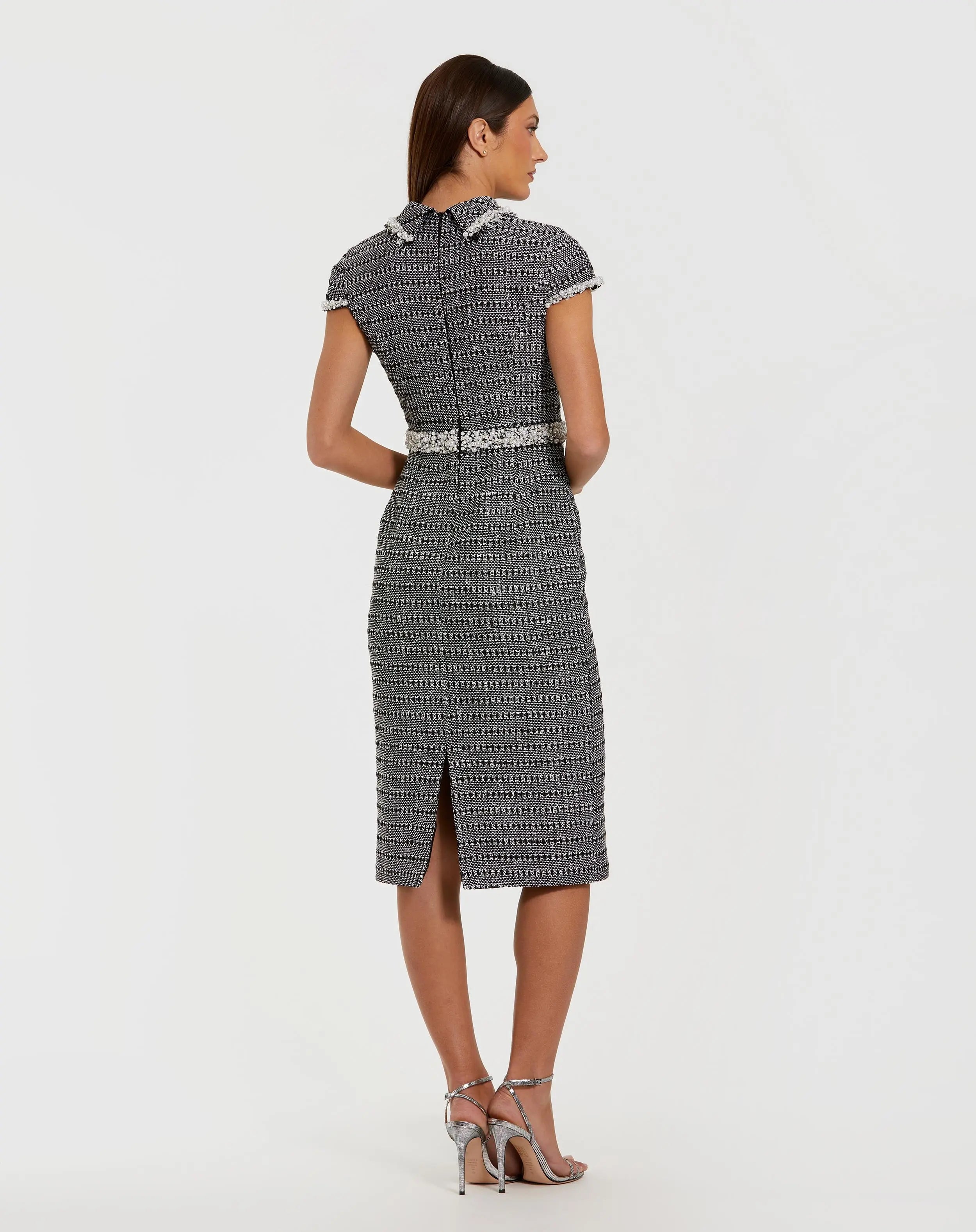 Black Embellished Cap Sleeve Boucle Midi Dress - Ieena for Mac Duggal