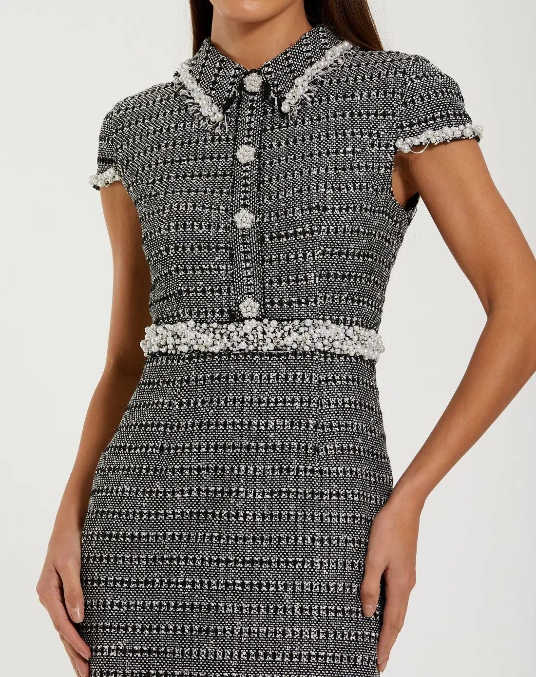 Black Embellished Cap Sleeve Boucle Midi Dress Ieena for Mac Duggal