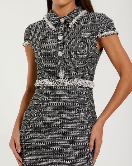 Black Embellished Cap Sleeve Boucle Midi Dress - Ieena for Mac Duggal