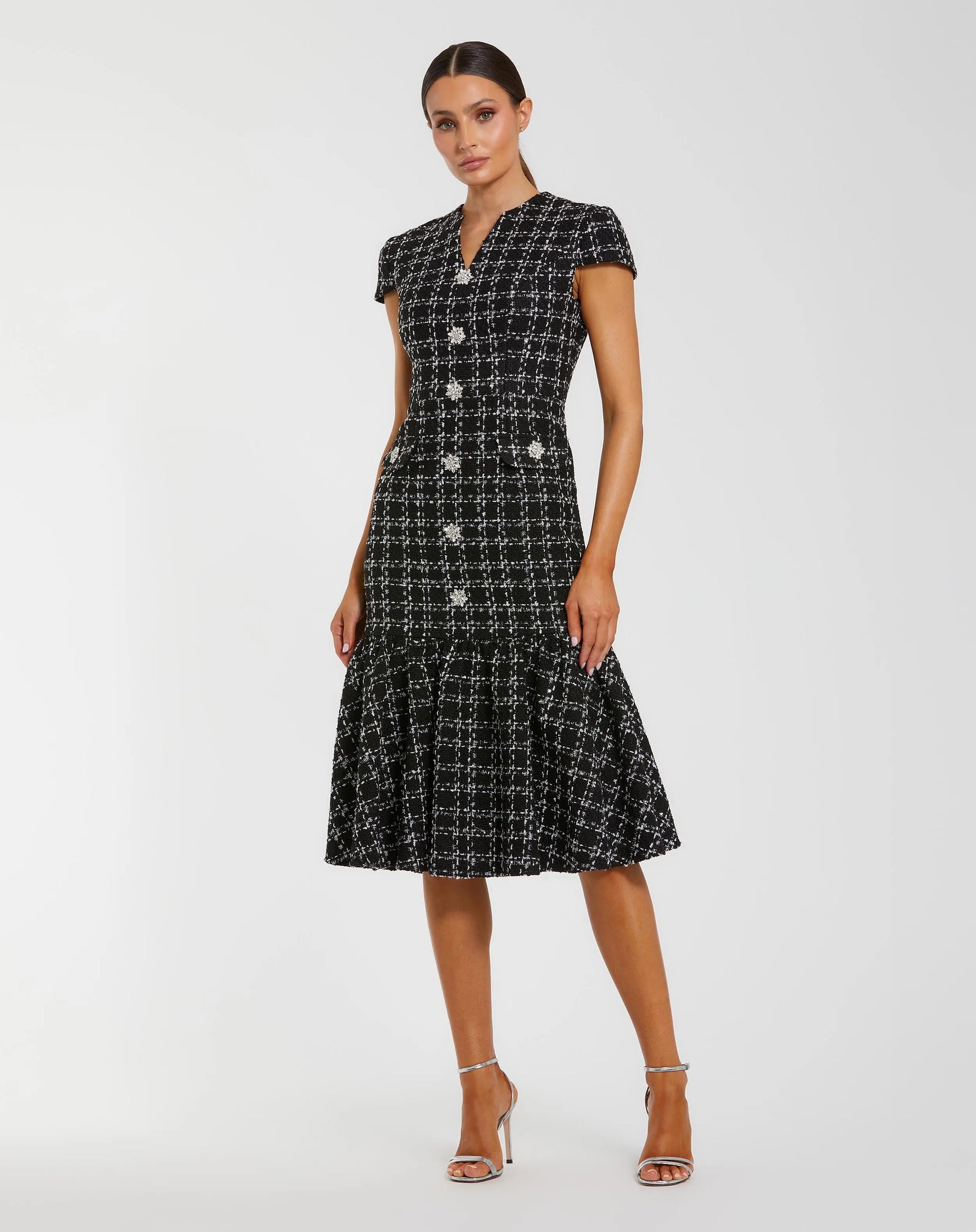 Black Cap Sleeve Boucle A Line Midi Dress | Mac Duggal Black Cap Sleeve Boucle A Line Midi Dress | Mac Duggal