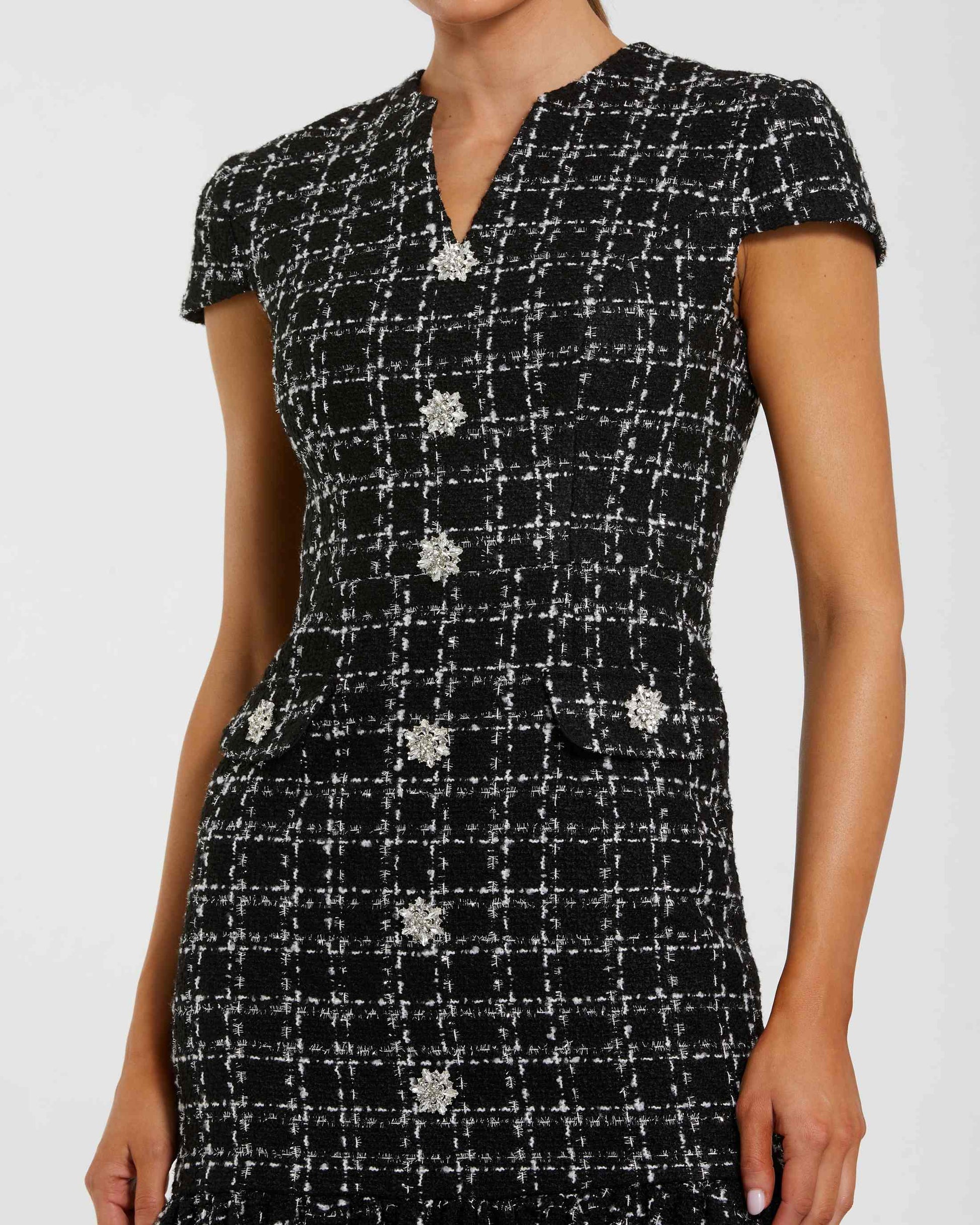 Black Cap Sleeve Boucle A Line Midi Dress | Mac Duggal Black Cap Sleeve Boucle A Line Midi Dress | Mac Duggal