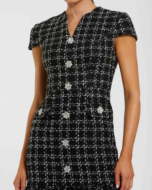 Black Cap Sleeve Boucle A Line Midi Dress - Ieena for Mac Duggal