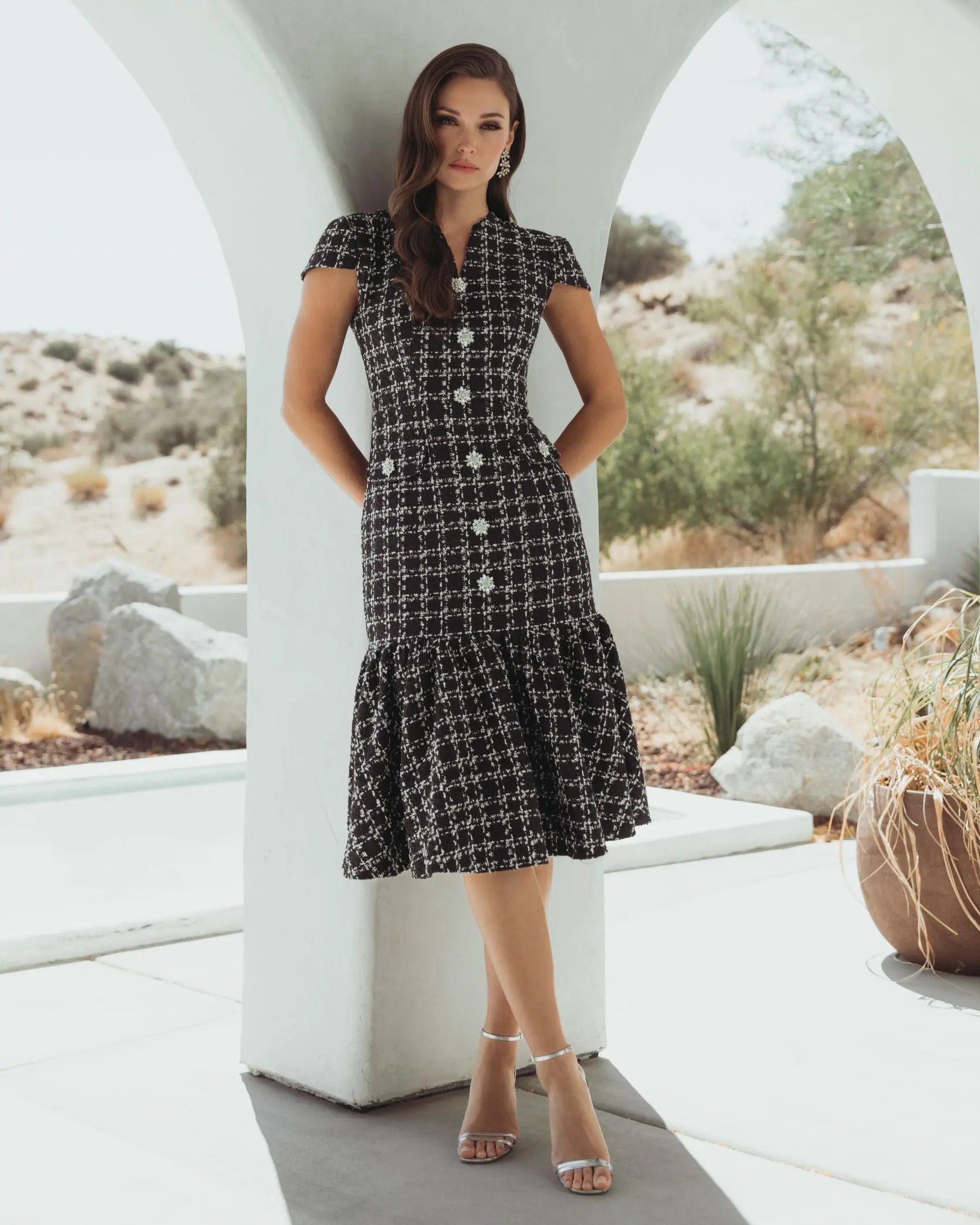 knee length dresses for ladies Mac Duggal Women's Button Up Cap Sleeve Boucle A Line Midi Dress