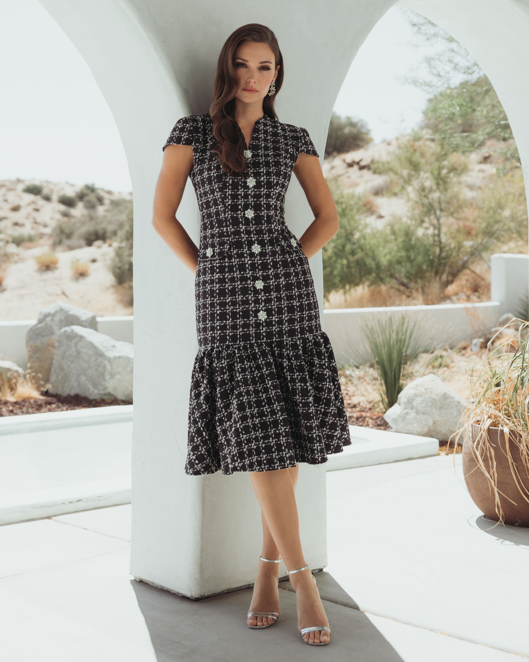 Black Cap Sleeve Boucle A Line Midi Dress - Ieena for Mac Duggal