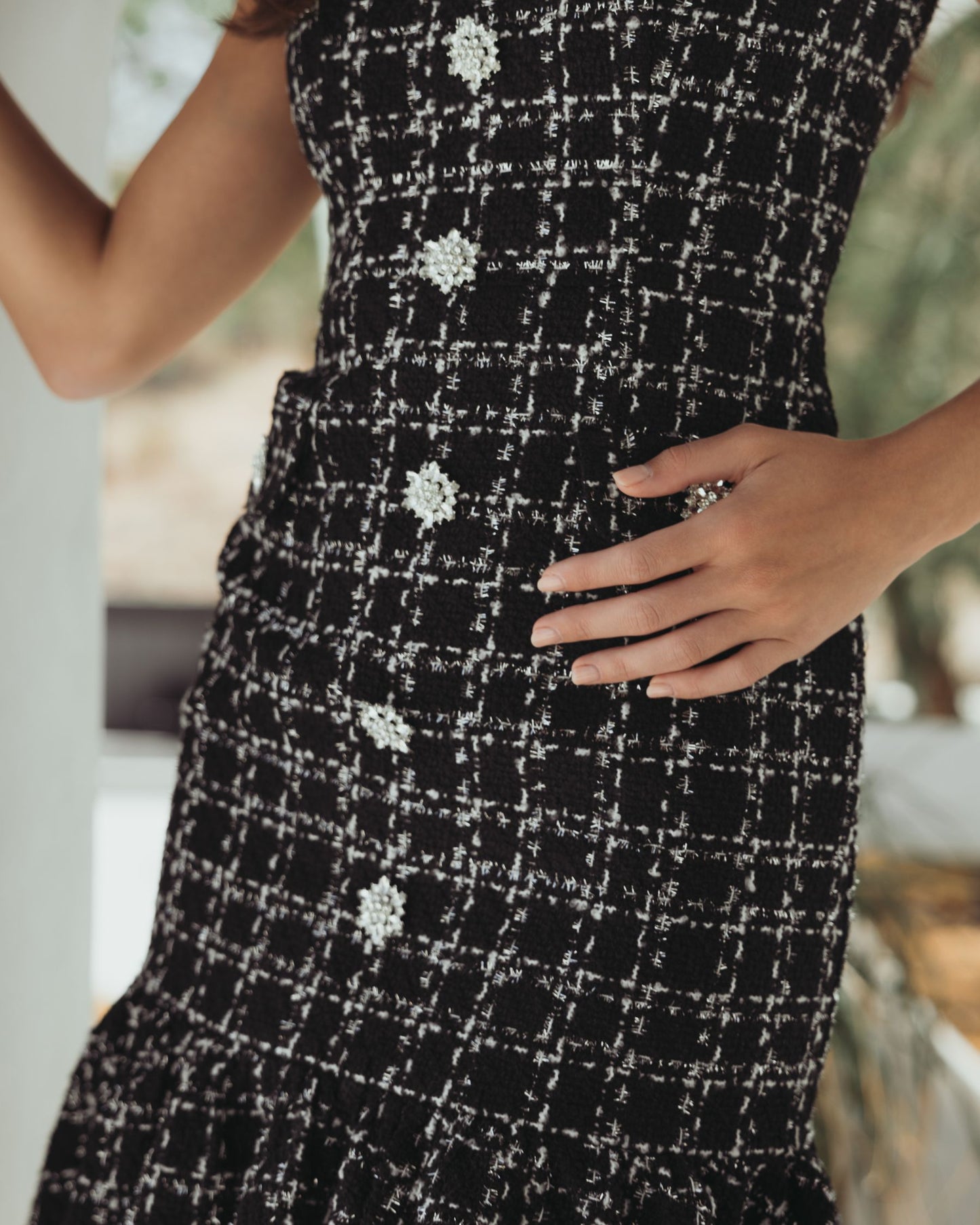 Black Cap Sleeve Boucle A Line Midi Dress - Ieena for Mac Duggal