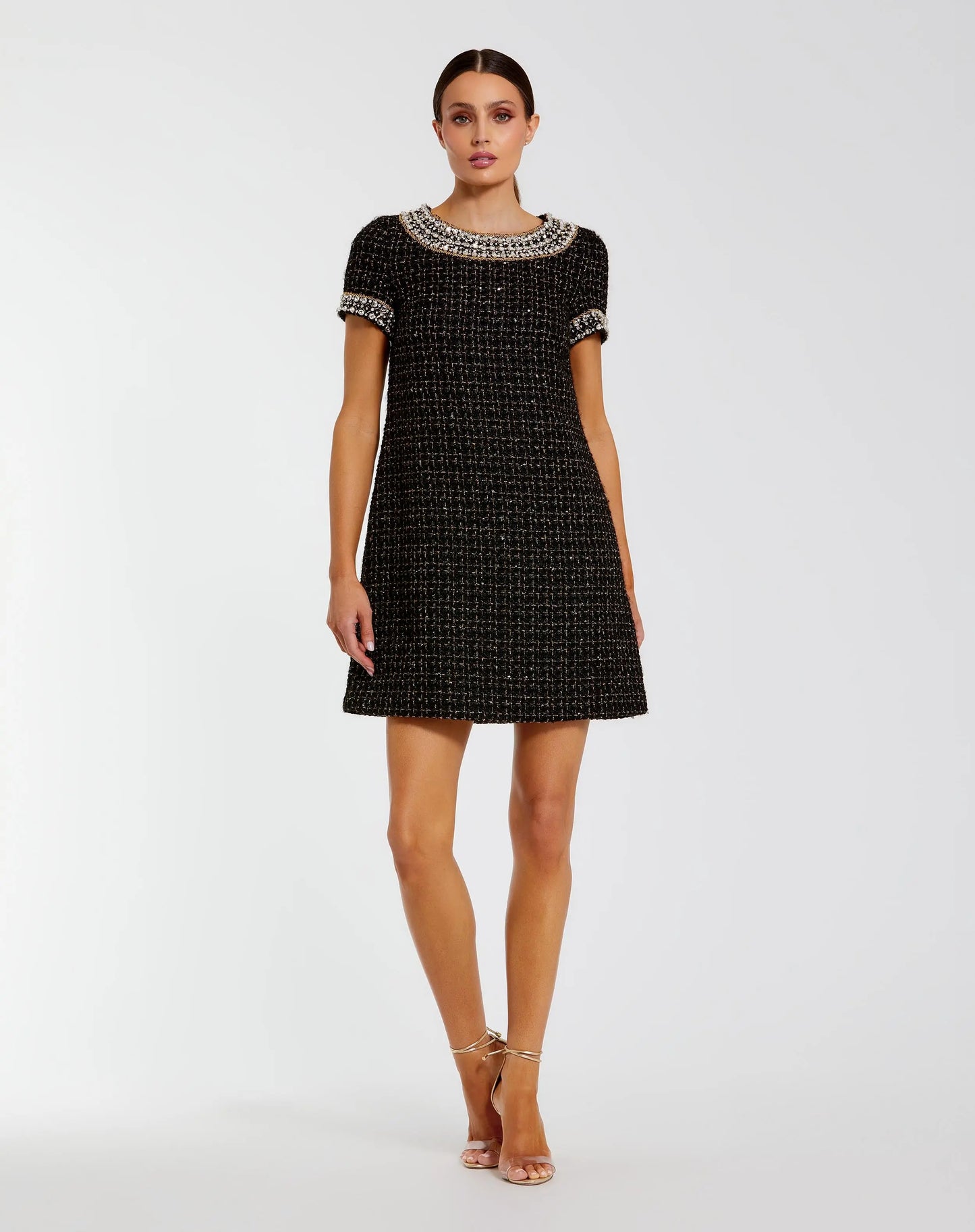 Mac Duggal Women's Short Sleeve Boucle Mini Dress With Beading Detail - Black Gold Mac Duggal Women's Short Sleeve Boucle Mini Dress With Beading Detail - Black Gold
