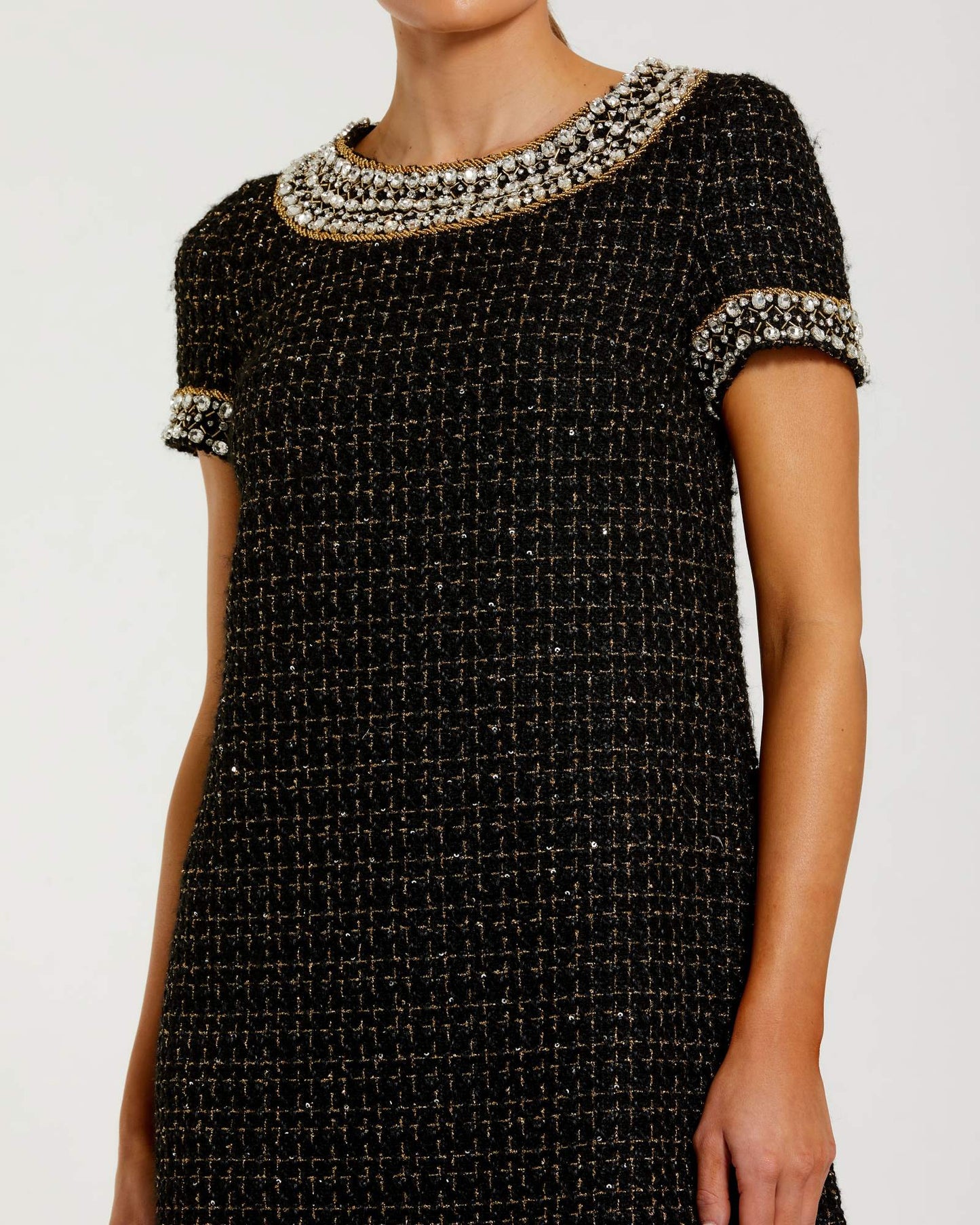Black Short Sleeve Embellished Boucle Mini Dress | Mac Duggal Black Short Sleeve Embellished Boucle Mini Dress | Mac Duggal