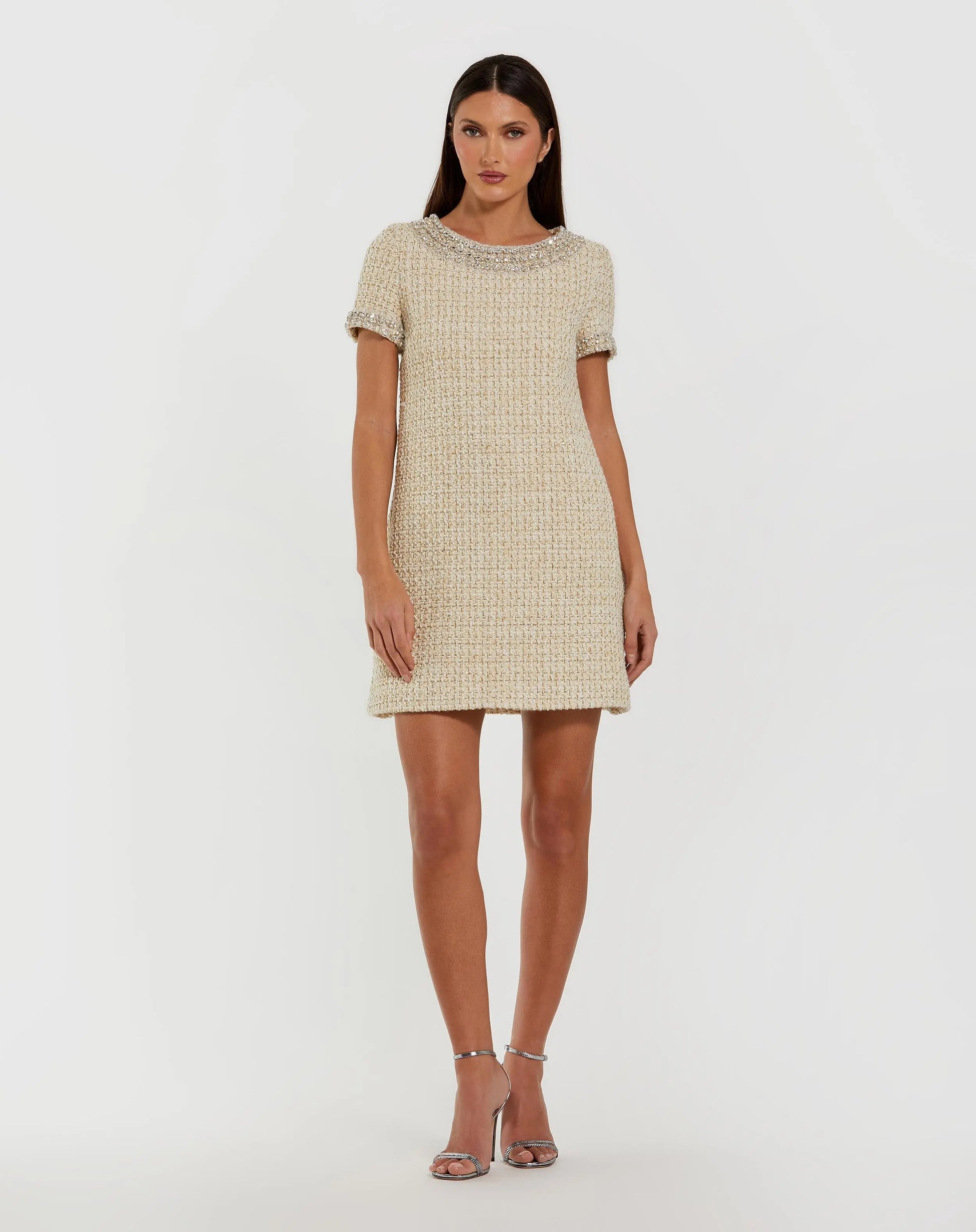Mac Duggal Women's Short Sleeve Boucle Mini Dress With Beading Detail - Ivory Gold Mac Duggal Women's Short Sleeve Boucle Mini Dress With Beading Detail - Ivory Gold