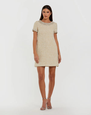 gold boucle long sleeve mini dress Mac Duggal Women's Short Sleeve Boucle Mini Dress With Beading Detail