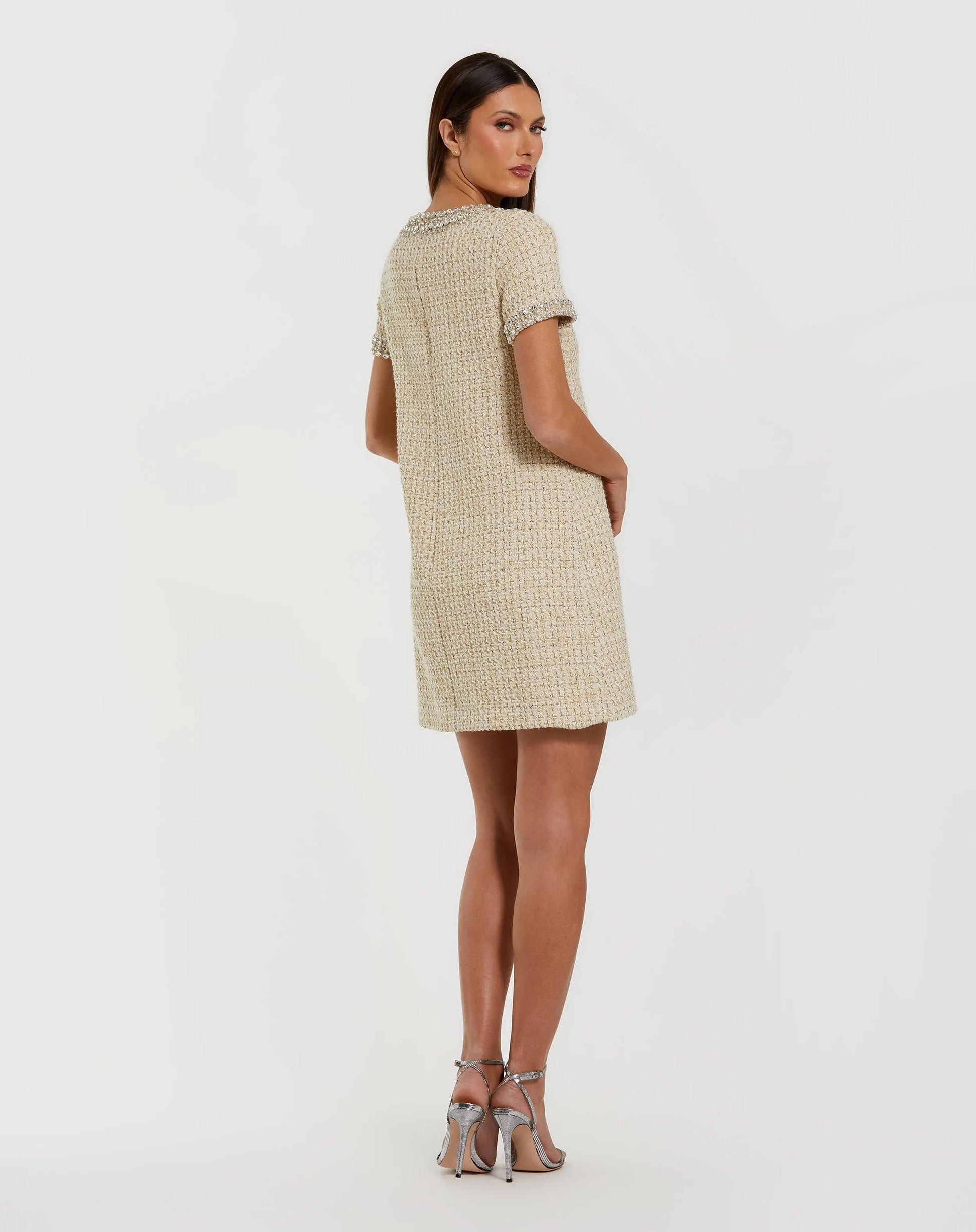 Mac Duggal Women's Short Sleeve Boucle Mini Dress With Beading Detail - Ivory Gold Mac Duggal Women's Short Sleeve Boucle Mini Dress With Beading Detail - Ivory Gold
