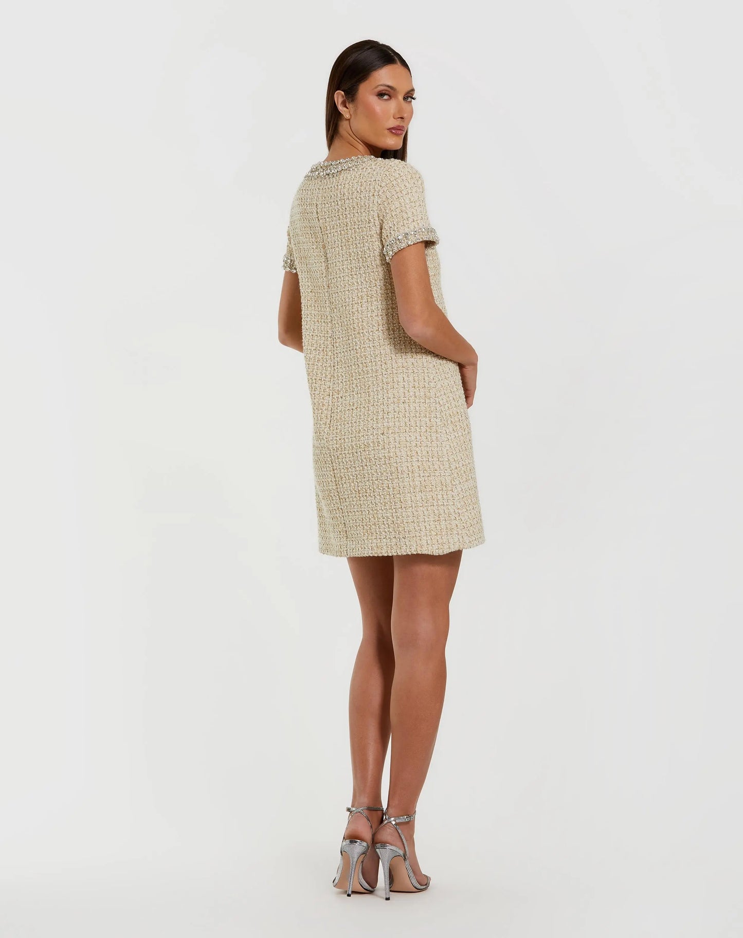 Ivory Short Sleeve Embellished Boucle Mini Dress - Ieena for Mac Duggal