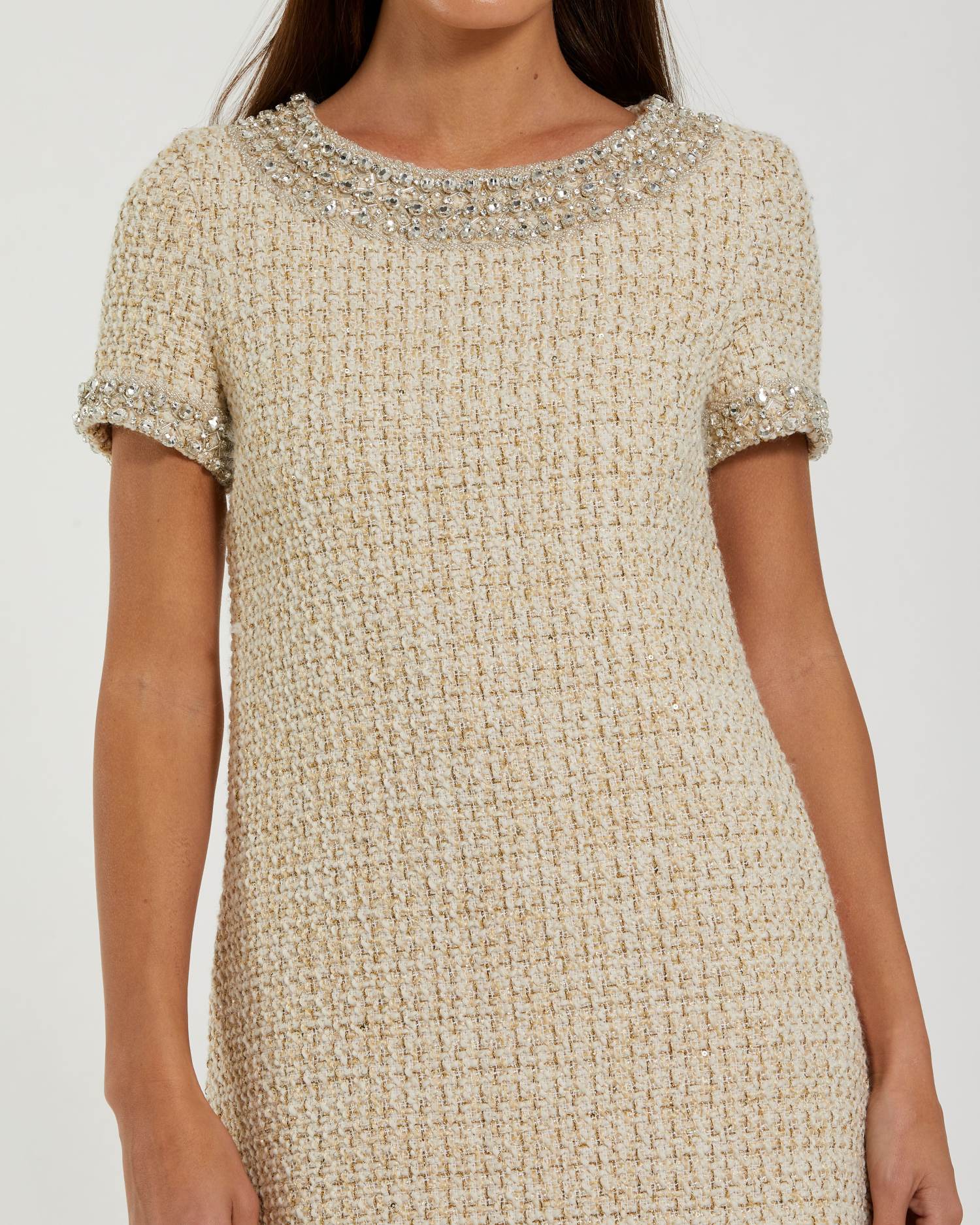 Mac Duggal Women's Short Sleeve Boucle Mini Dress With Beading Detail - Ivory Gold Mac Duggal Women's Short Sleeve Boucle Mini Dress With Beading Detail - Ivory Gold