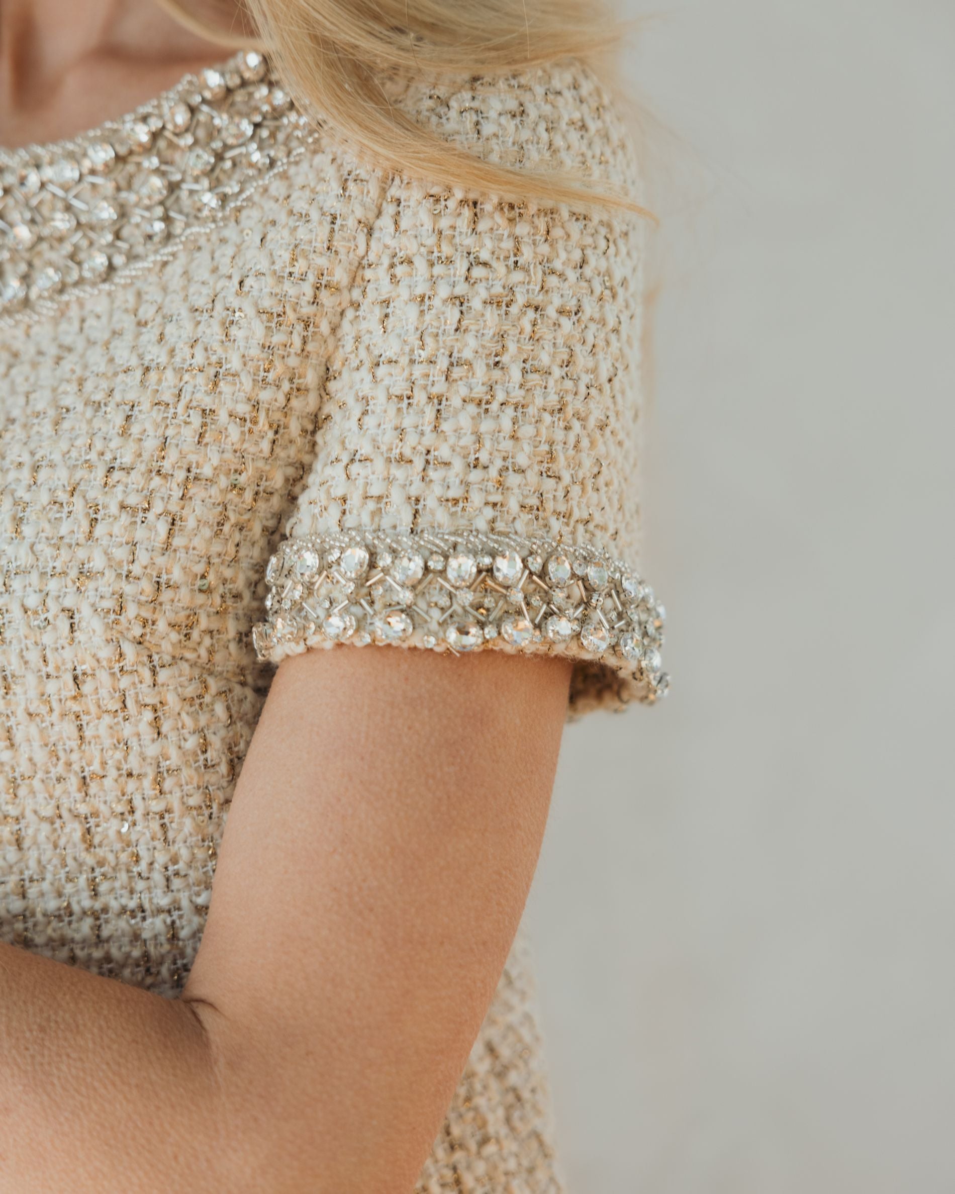 Ivory Short Sleeve Embellished Boucle Mini Dress - Ieena for Mac Duggal