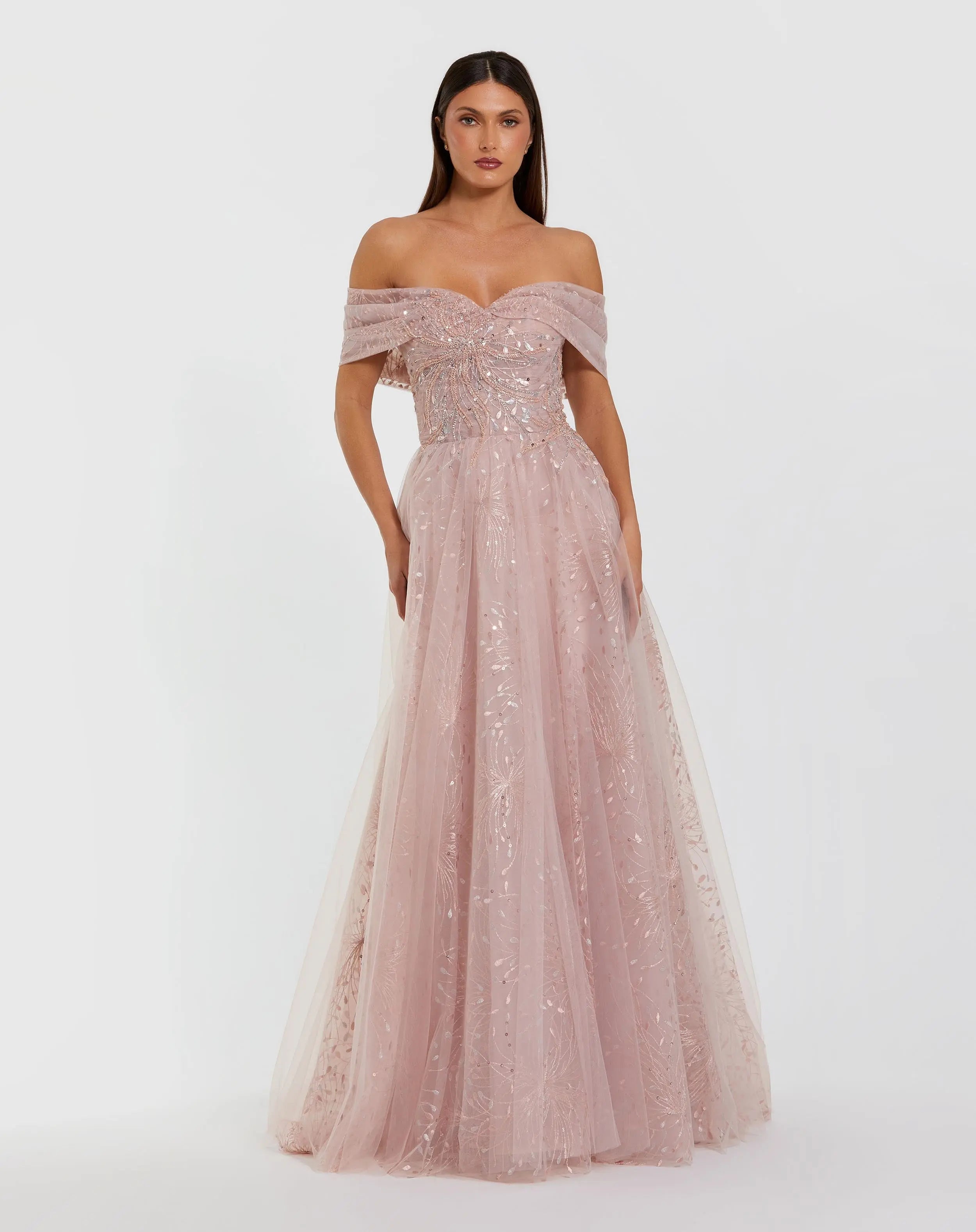 Pink Embroidered Tulle Off The Shoulder Ball Gown - Mac Duggal