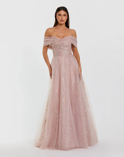 Pink Embroidered Tulle Off The Shoulder Ball Gown - Mac Duggal
