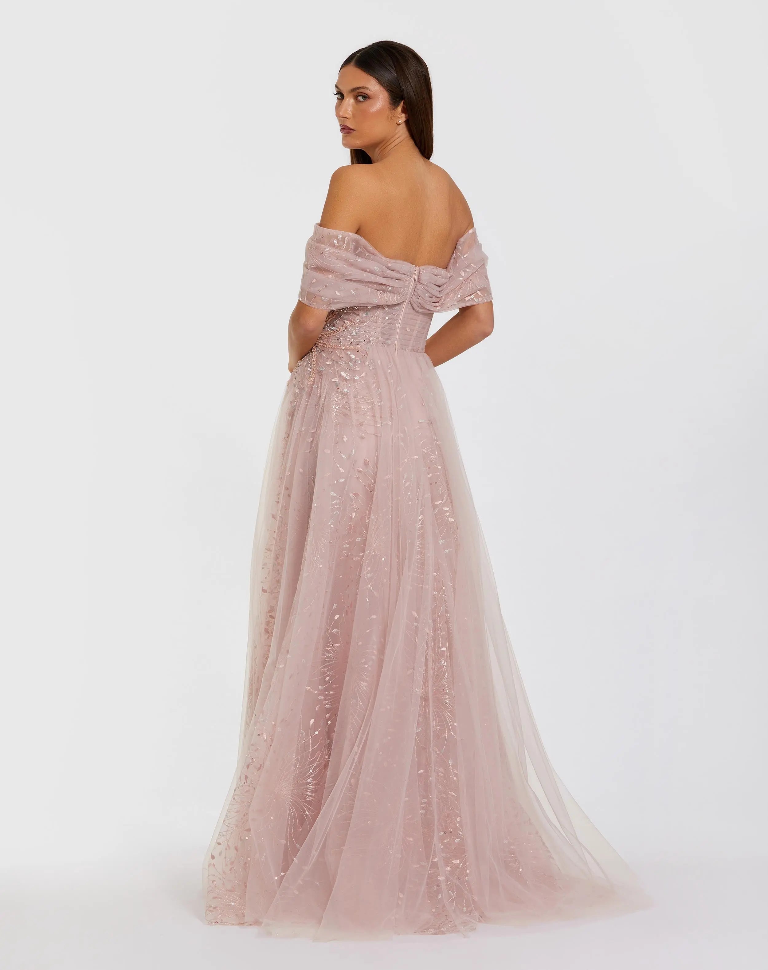 Pink Embroidered Tulle Off The Shoulder Ball Gown - Mac Duggal