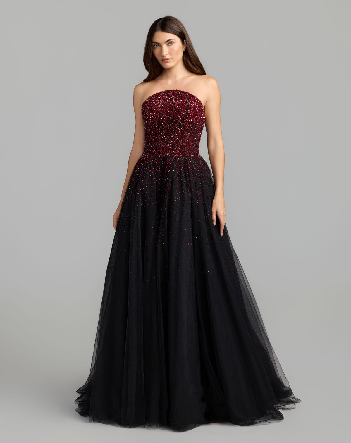 Red and Black Embellished Tulle Strapless Ball Gown - Mac Duggal