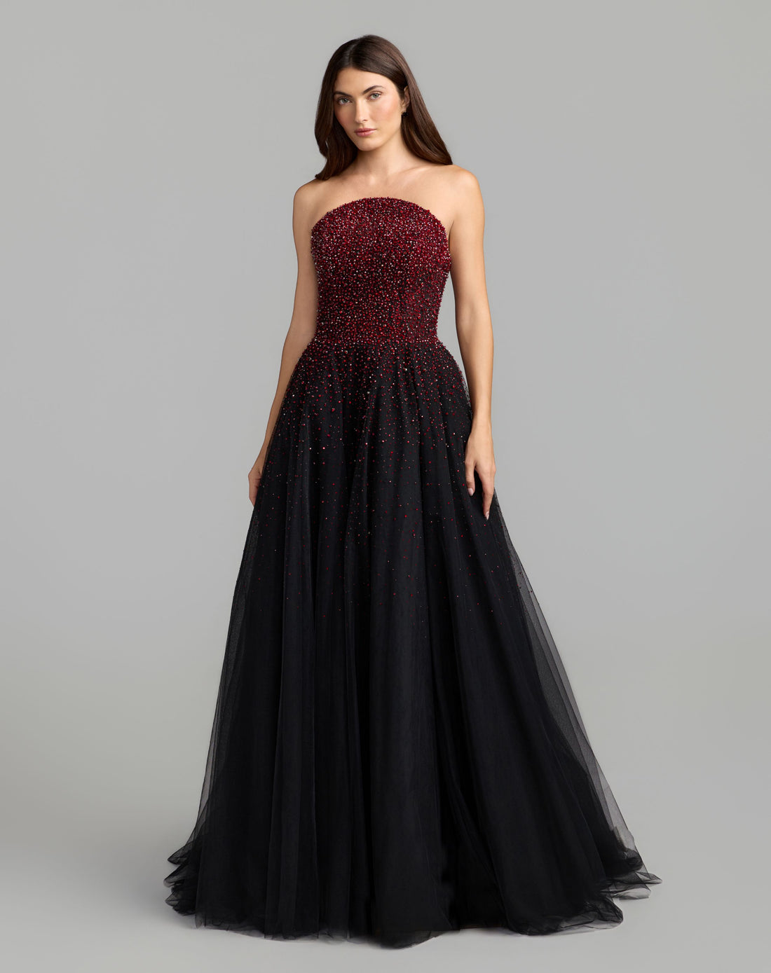 Red and Black Embellished Tulle Strapless Ball Gown - Mac Duggal