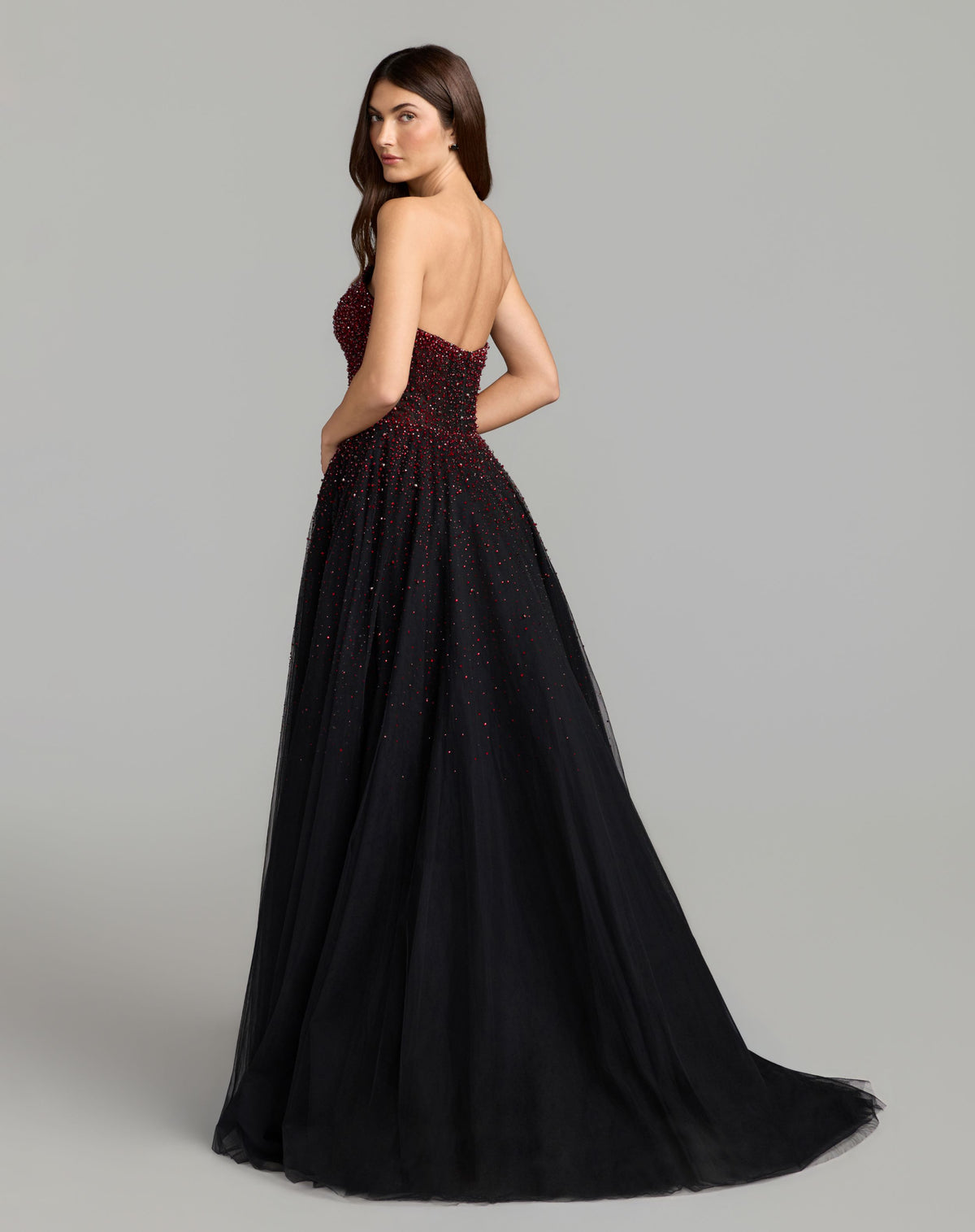Red and Black Embellished Tulle Strapless Ball Gown - Mac Duggal