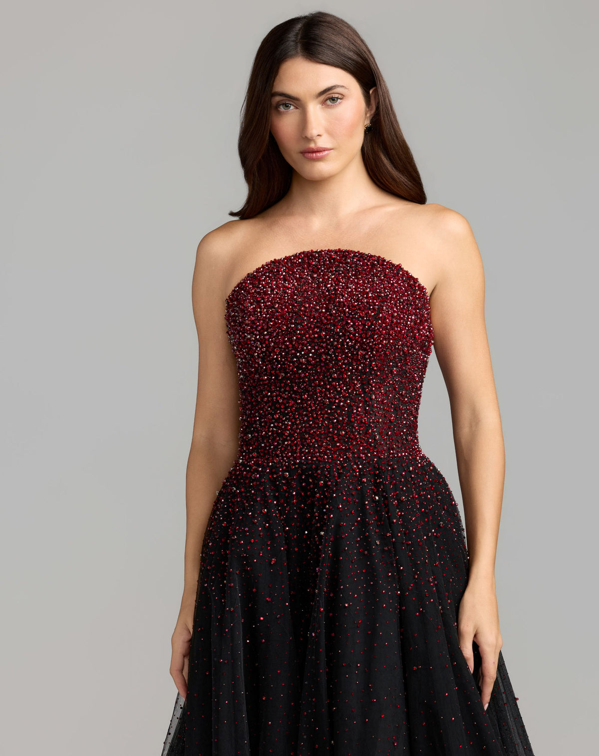 Red and Black Embellished Tulle Strapless Ball Gown - Mac Duggal