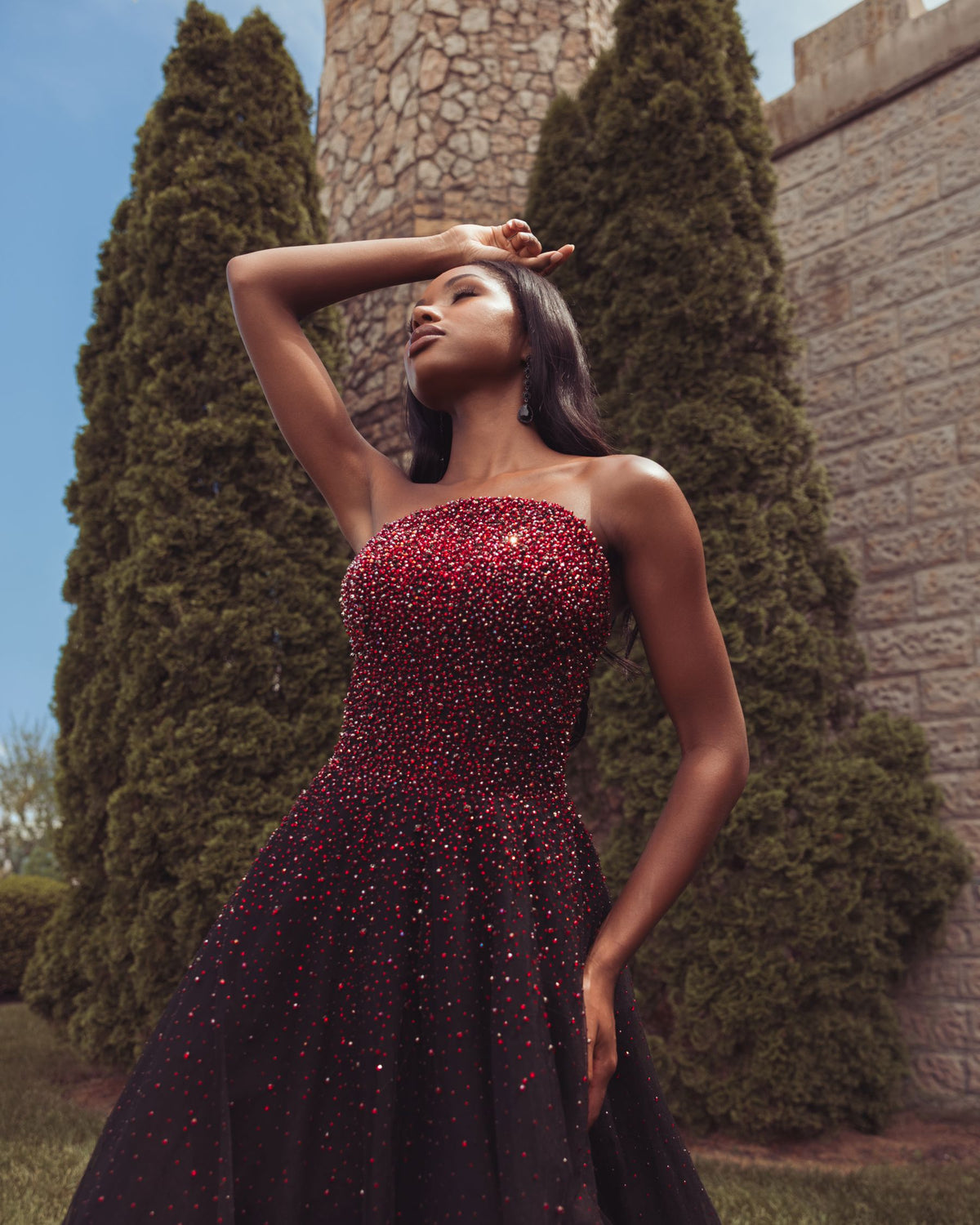Red and Black Embellished Tulle Strapless Ball Gown - Mac Duggal