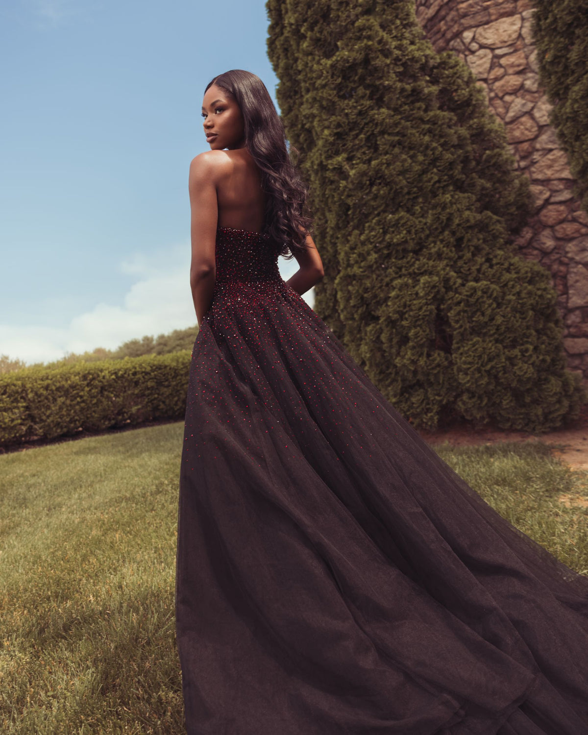 Red and Black Embellished Tulle Strapless Ball Gown - Mac Duggal