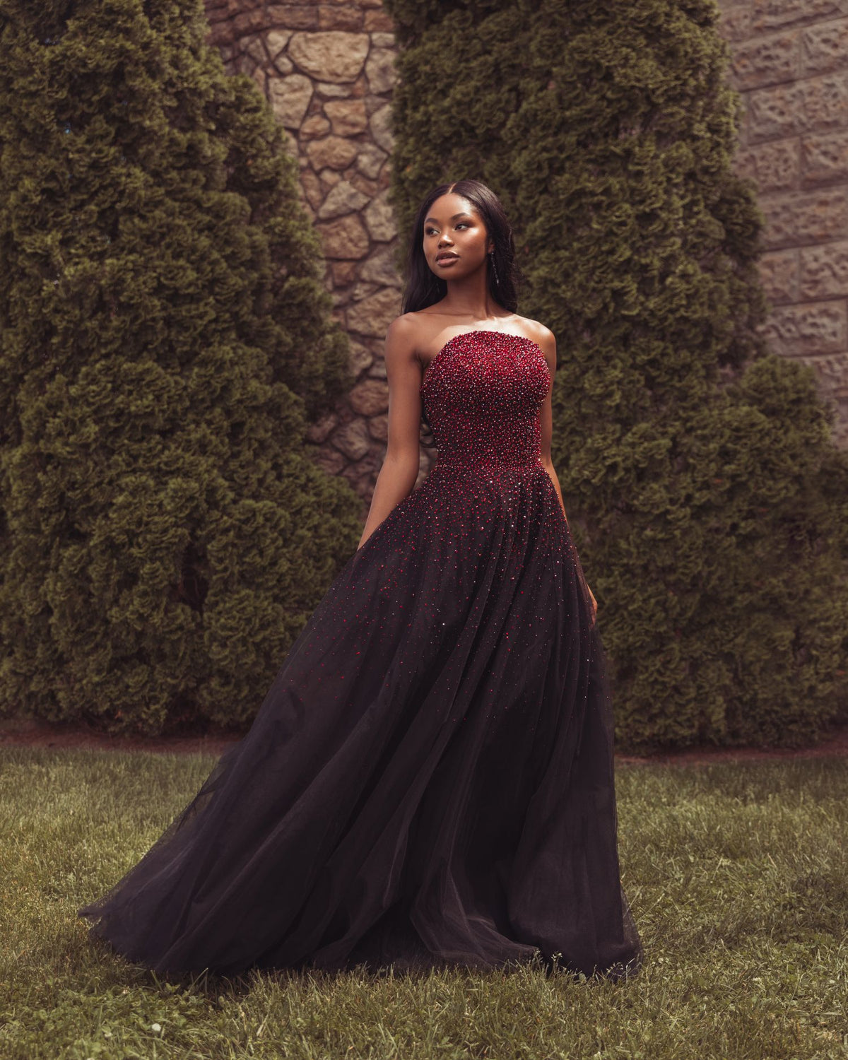 Red and Black Embellished Tulle Strapless Ball Gown - Mac Duggal