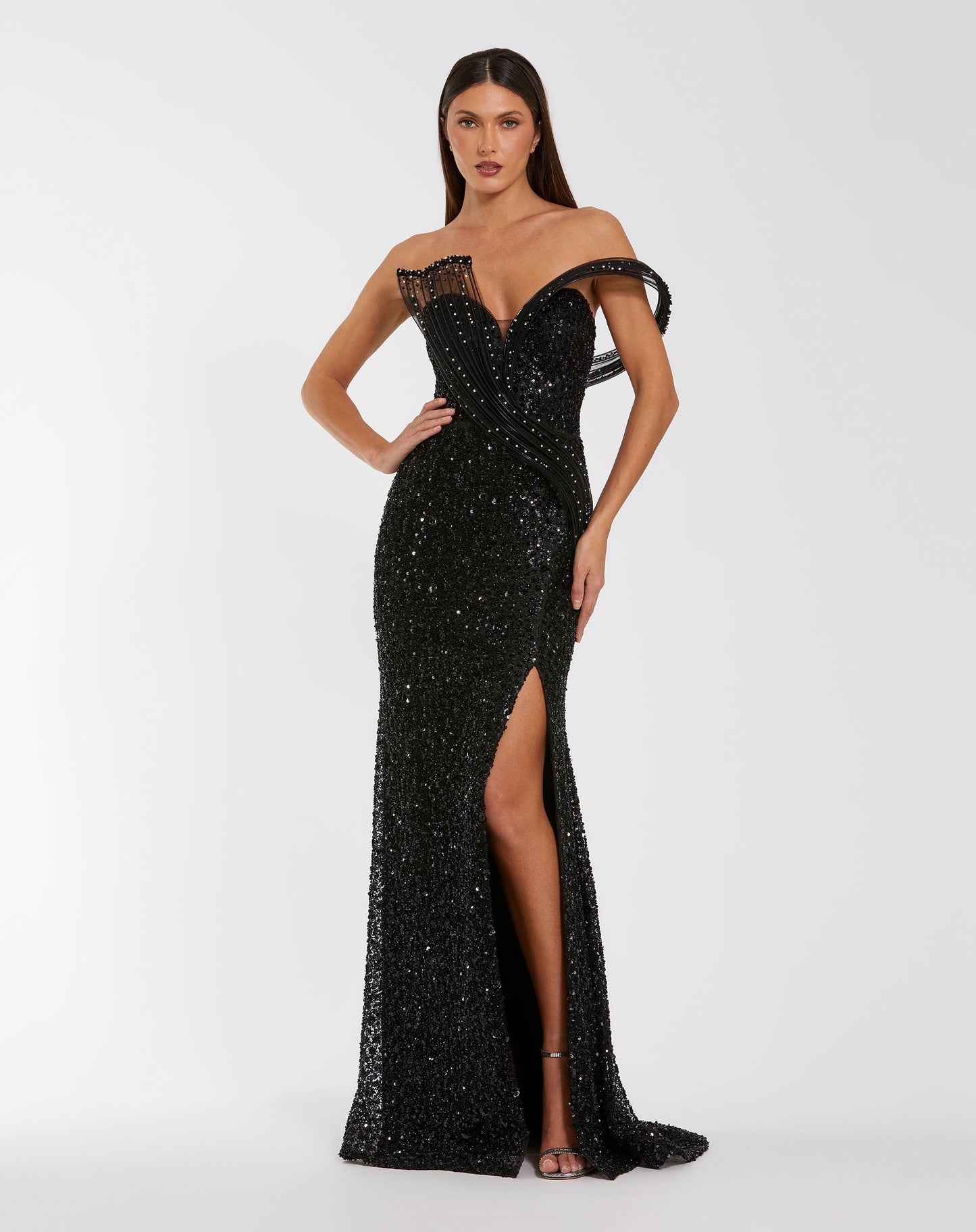 Black Embellished Strapless Gown with Sculptural Drape - Mac Duggal