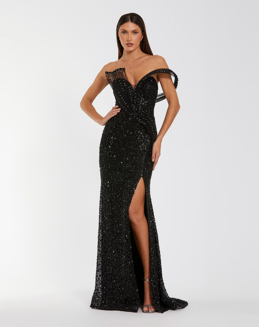 Black Embellished Strapless Gown with Sculptural Drape - Mac Duggal