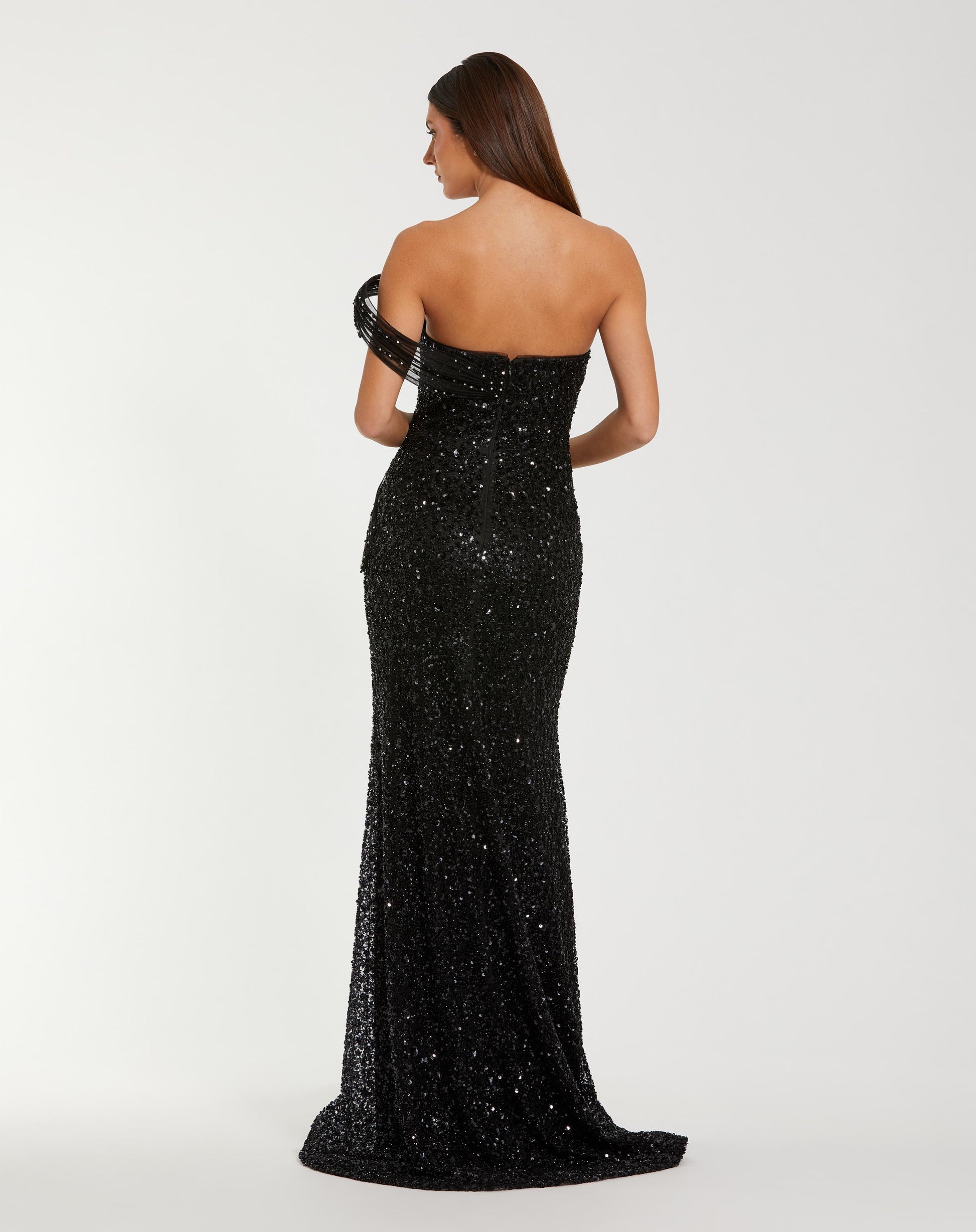 Black Embellished Strapless Gown with Sculptural Drape - Mac Duggal