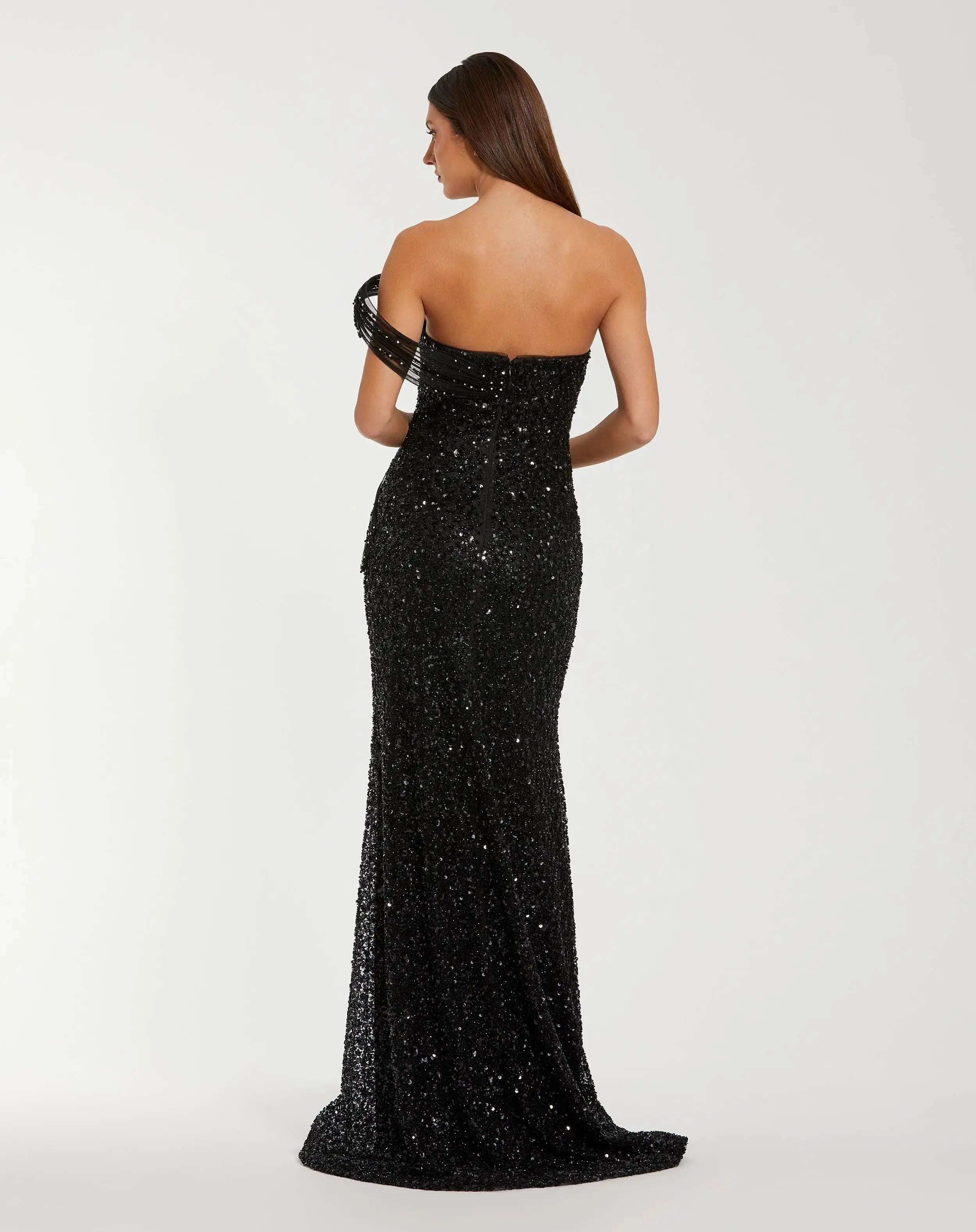 Black Embellished Strapless Gown with Sculptural Drape - Mac Duggal