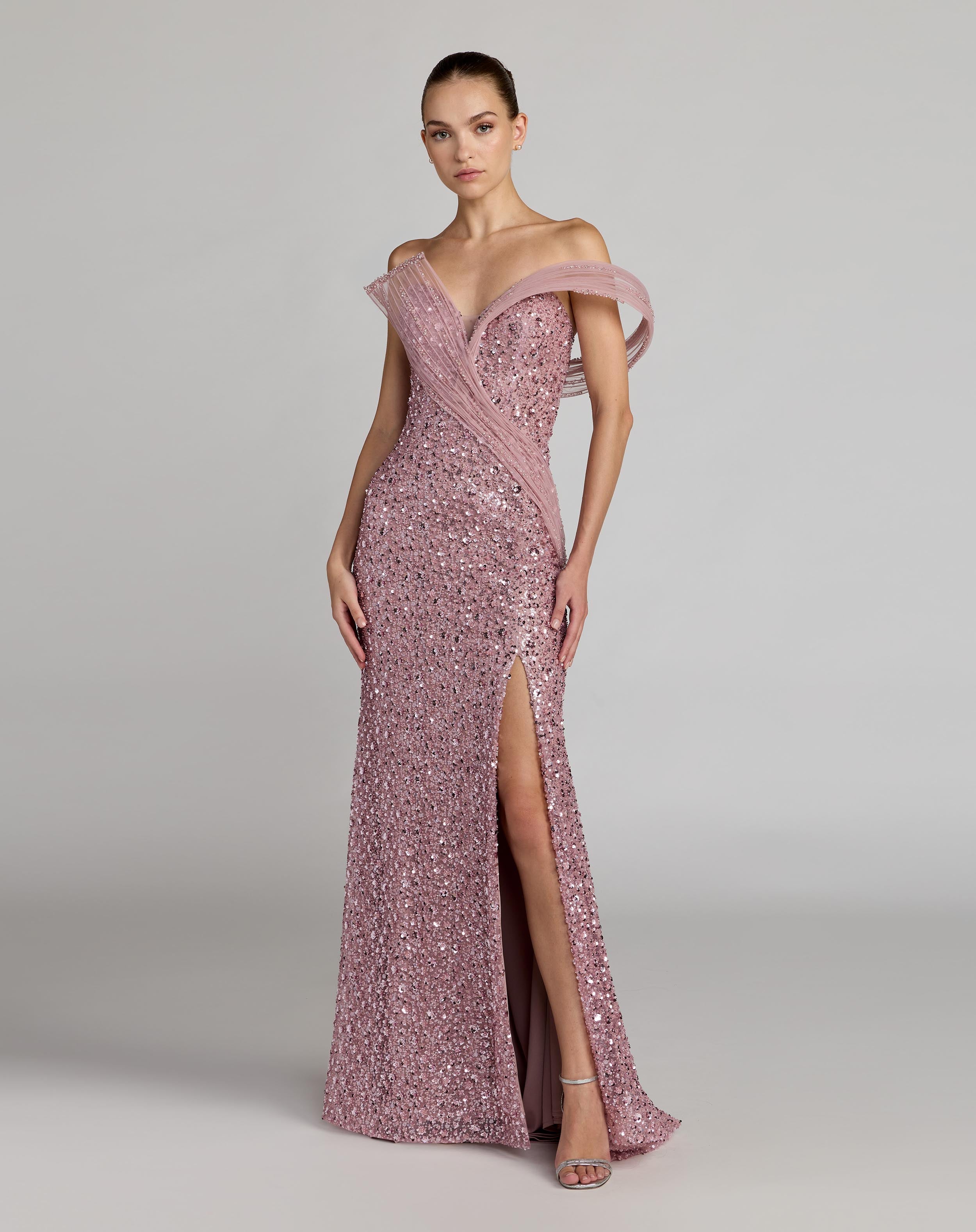 Pink Embellished Strapless Gown with Sculptural Drape - Mac Duggal