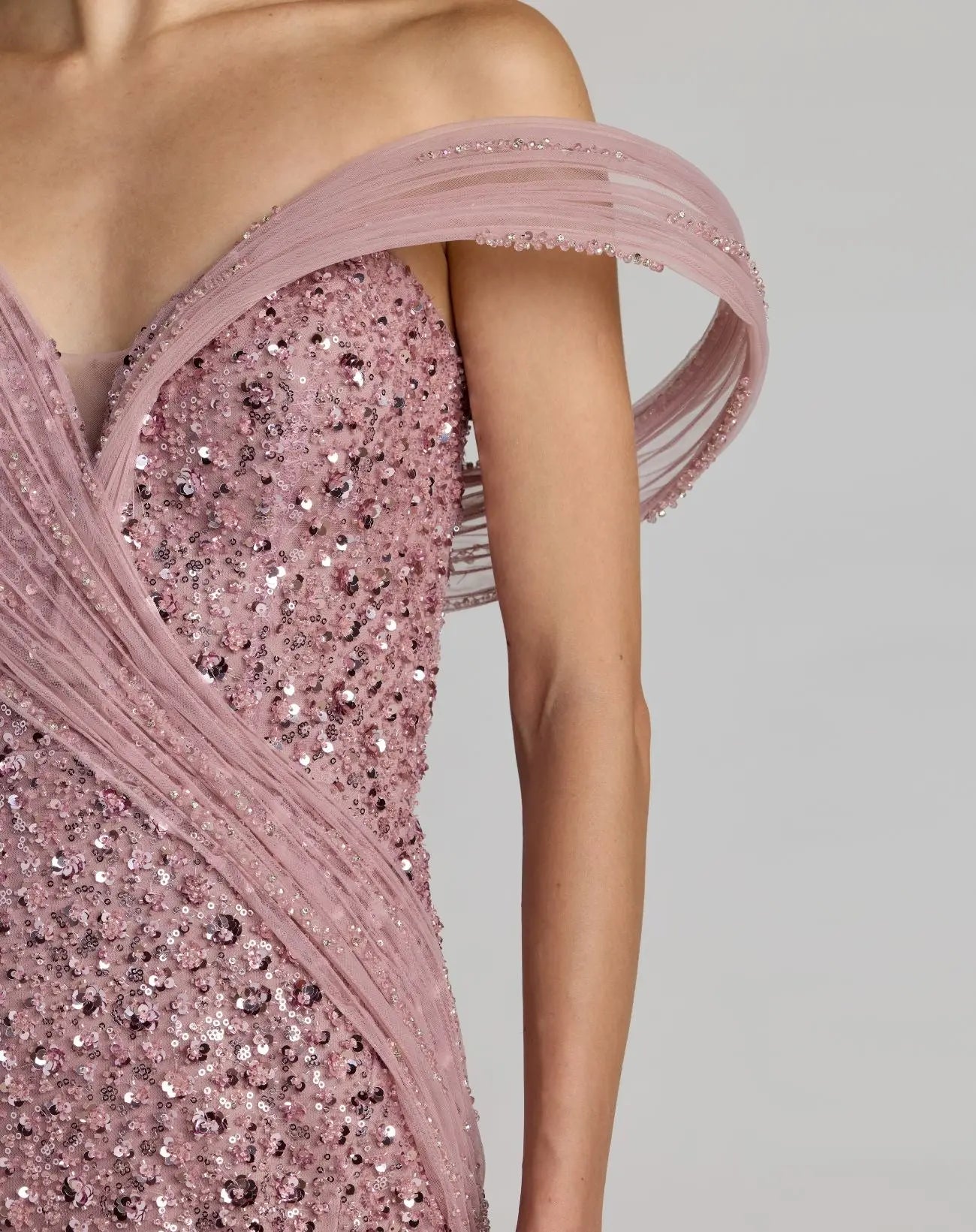 mac duggal pink embellished dress Pink Embellished Flutter Sleeve Gown