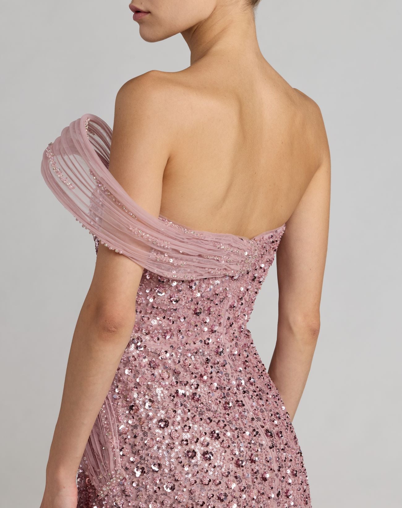 Pink Embellished Strapless Gown with Sculptural Drape - Mac Duggal
