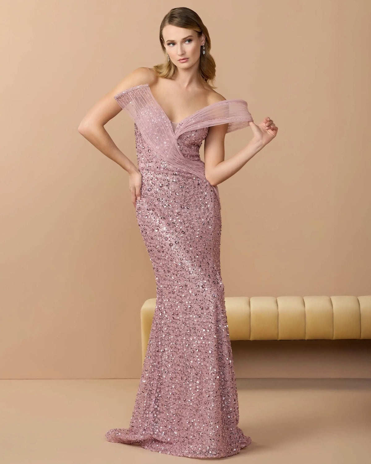 Blush Embellished Strapless Gown With Sculptural Drape - Mac Duggal