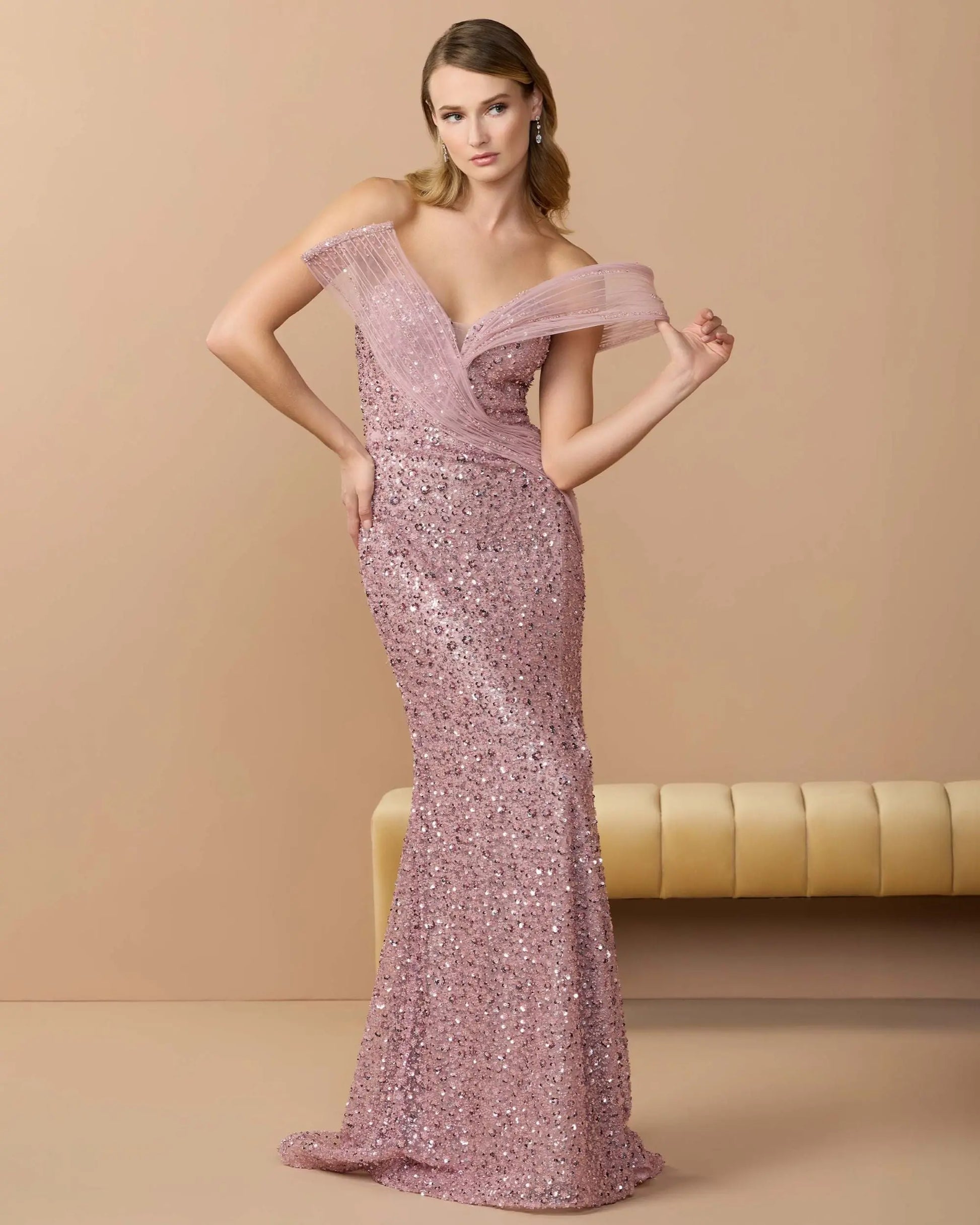 blush pink embellished dress Glamorous Blush Pink Off-the-Shoulder Draped Sequin Evening Dress SS519