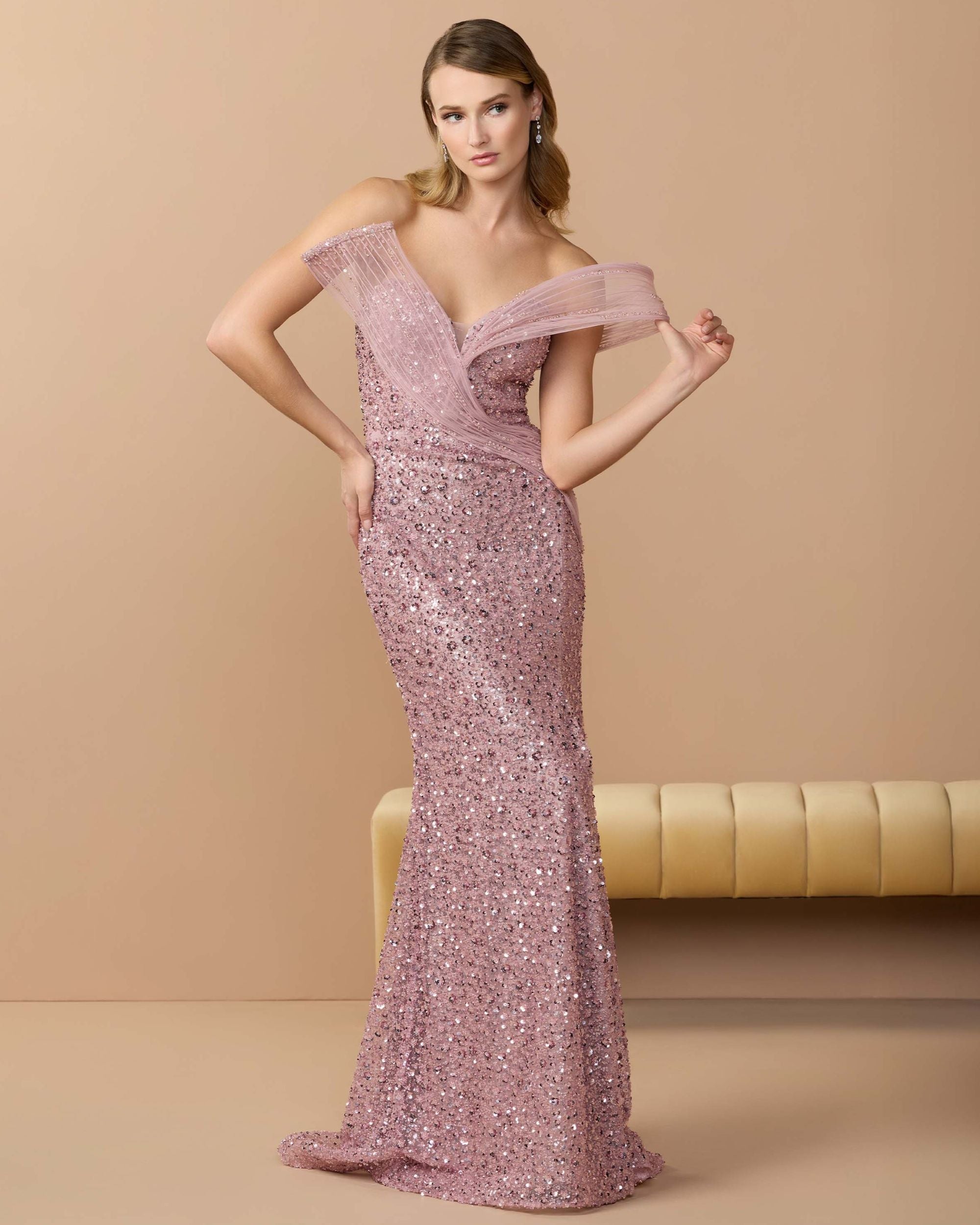 Pink Embellished Strapless Gown with Sculptural Drape
