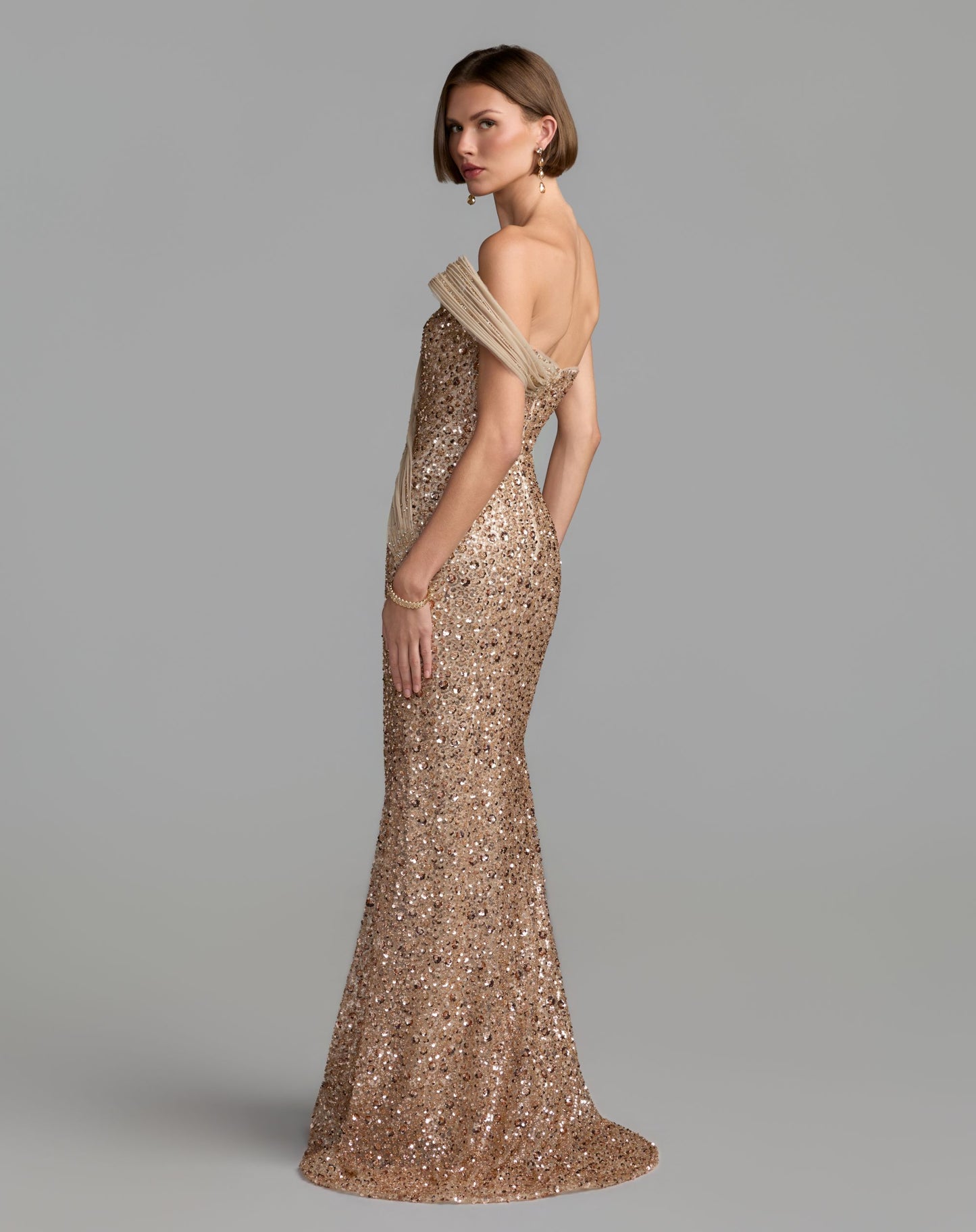 Gold Embellished Strapless Gown With Sculptural Drape - Mac Duggal