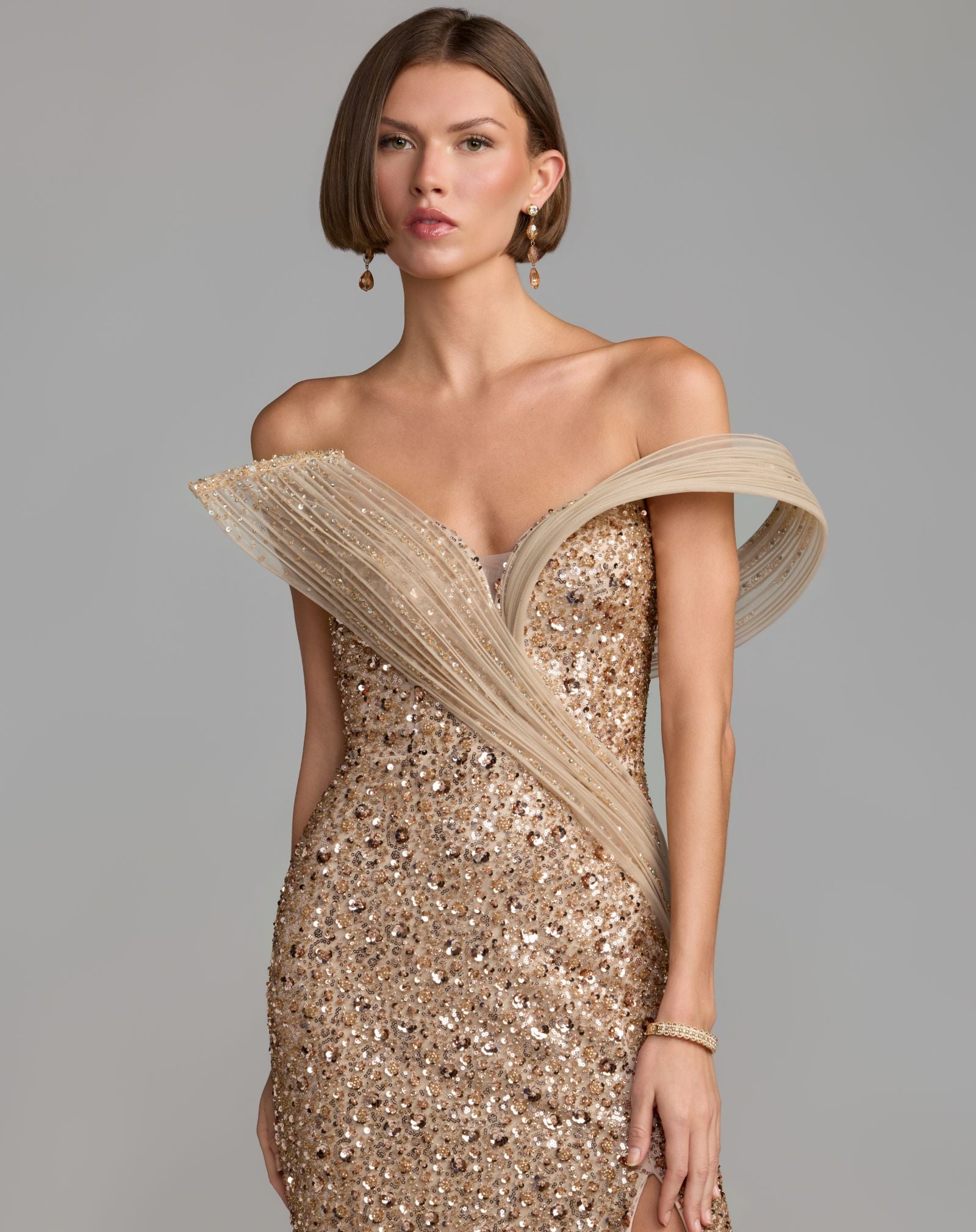 Gold Embellished Strapless Gown With Sculptural Drape - Mac Duggal